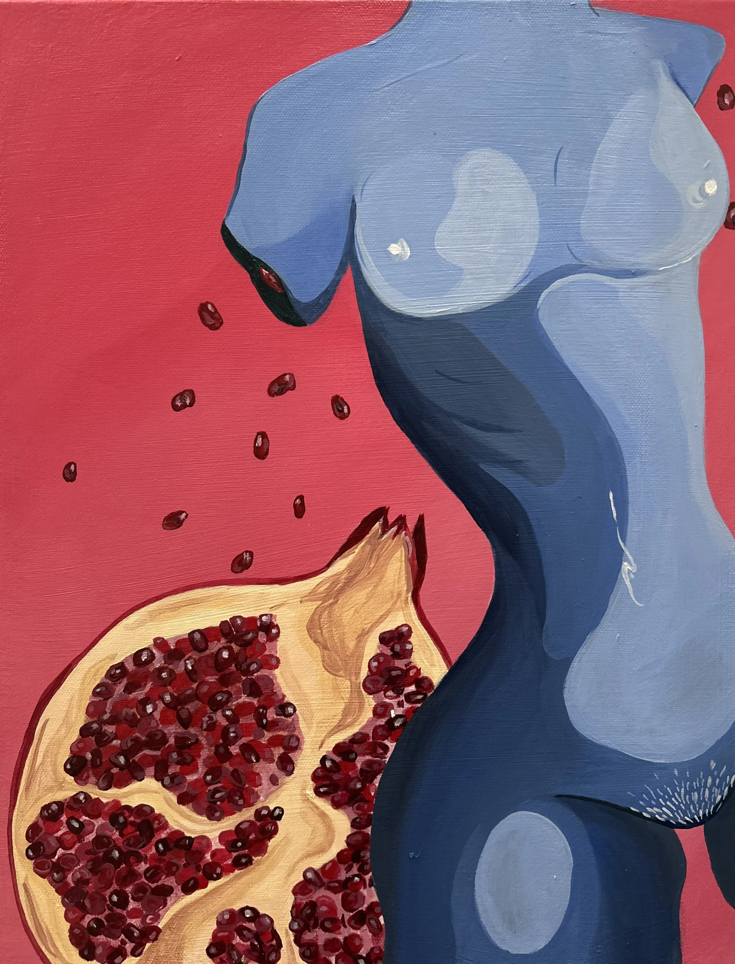 A painting of a nude woman with blue skin, with a large pomegranate and scattered seeds in front of her, set against a pink background.