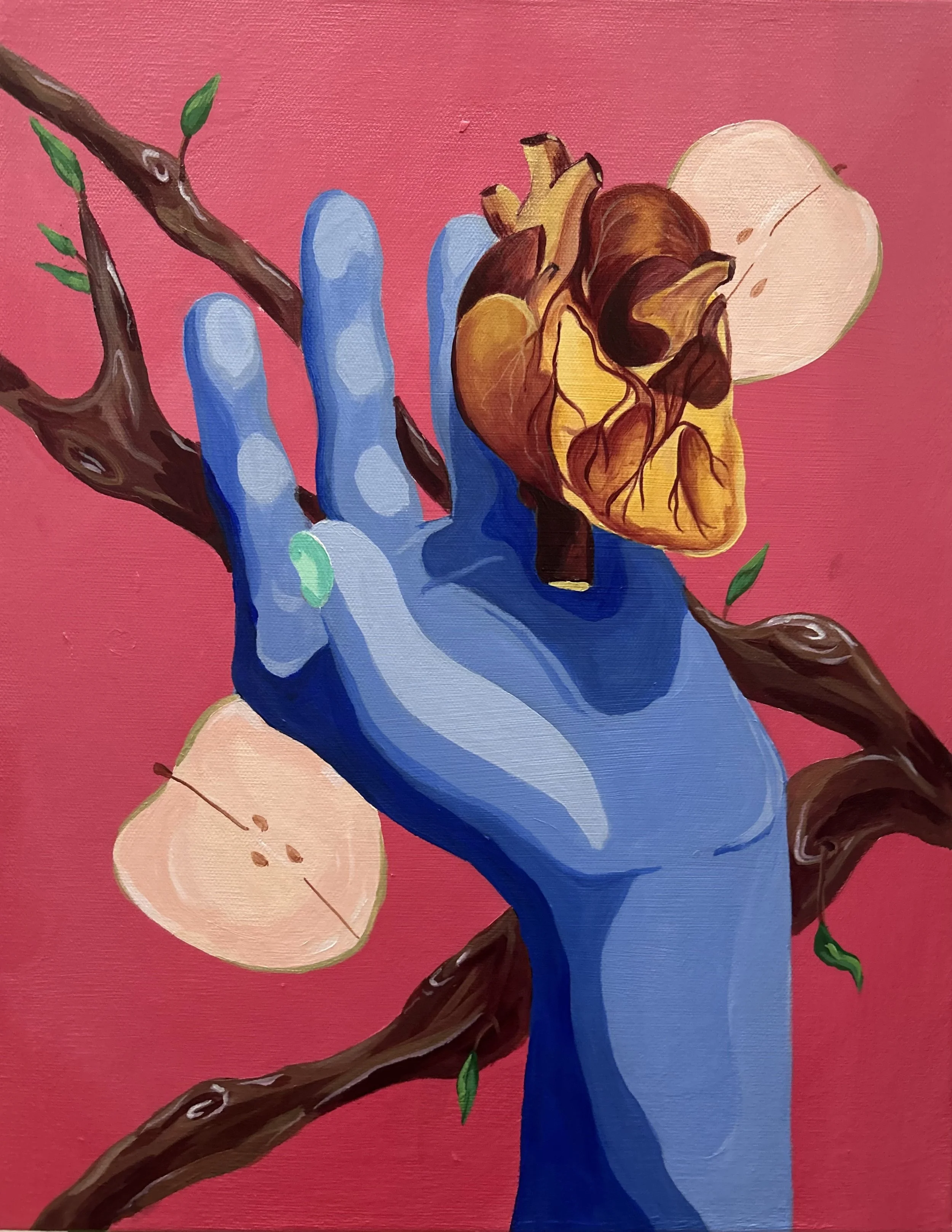 A blue hand with a green nail catching a golden heart, surrounded by brown tree branches with pink apple slices against a pink background.