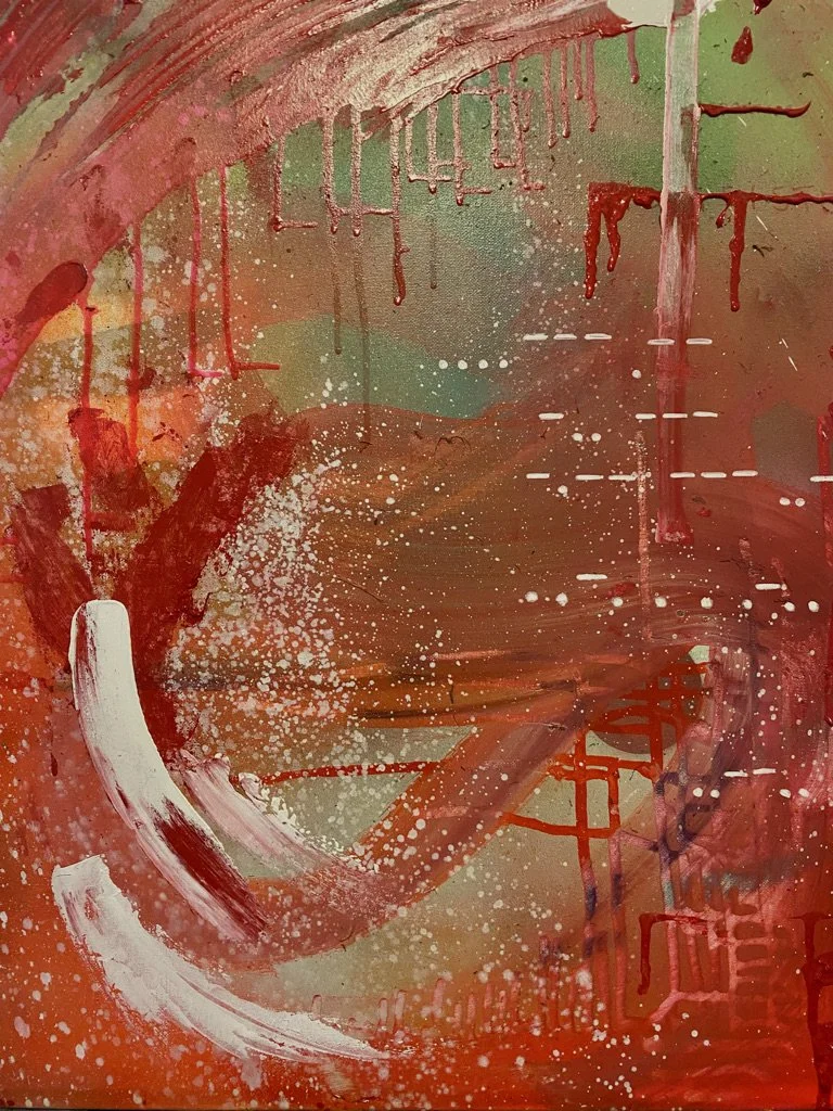 Abstract painting with red, white, and green colors, featuring drips, splatters, and brushstrokes.