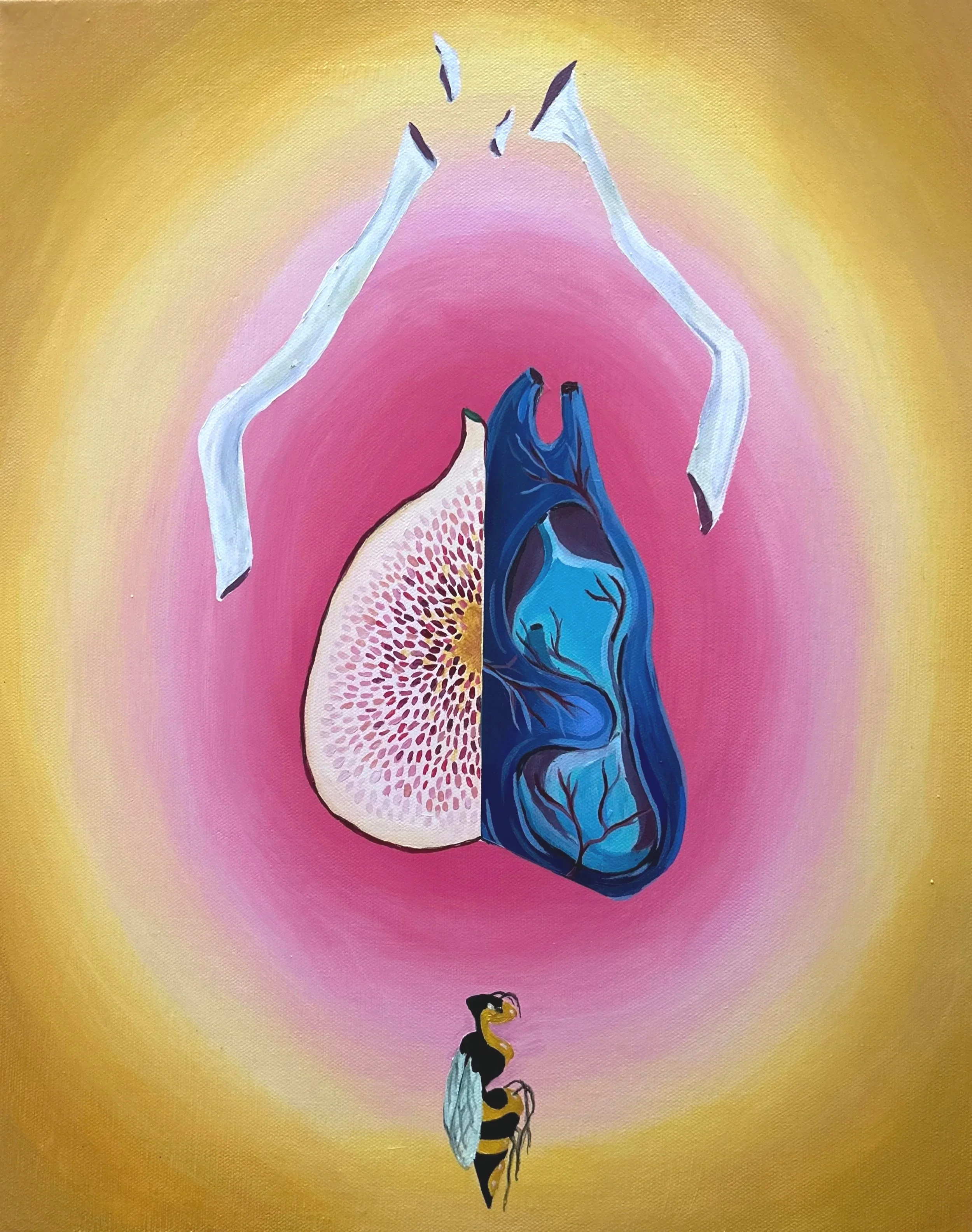 A surreal painting of a human heart with half as a fig fruit and the other half as a blue anatomical heart, with a wasp at the bottom.