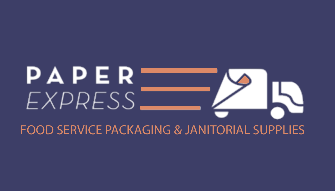 Logo for Paper Express, a food service packaging and janitorial supplies company, featuring a stylized delivery truck with a paper roll graphic.