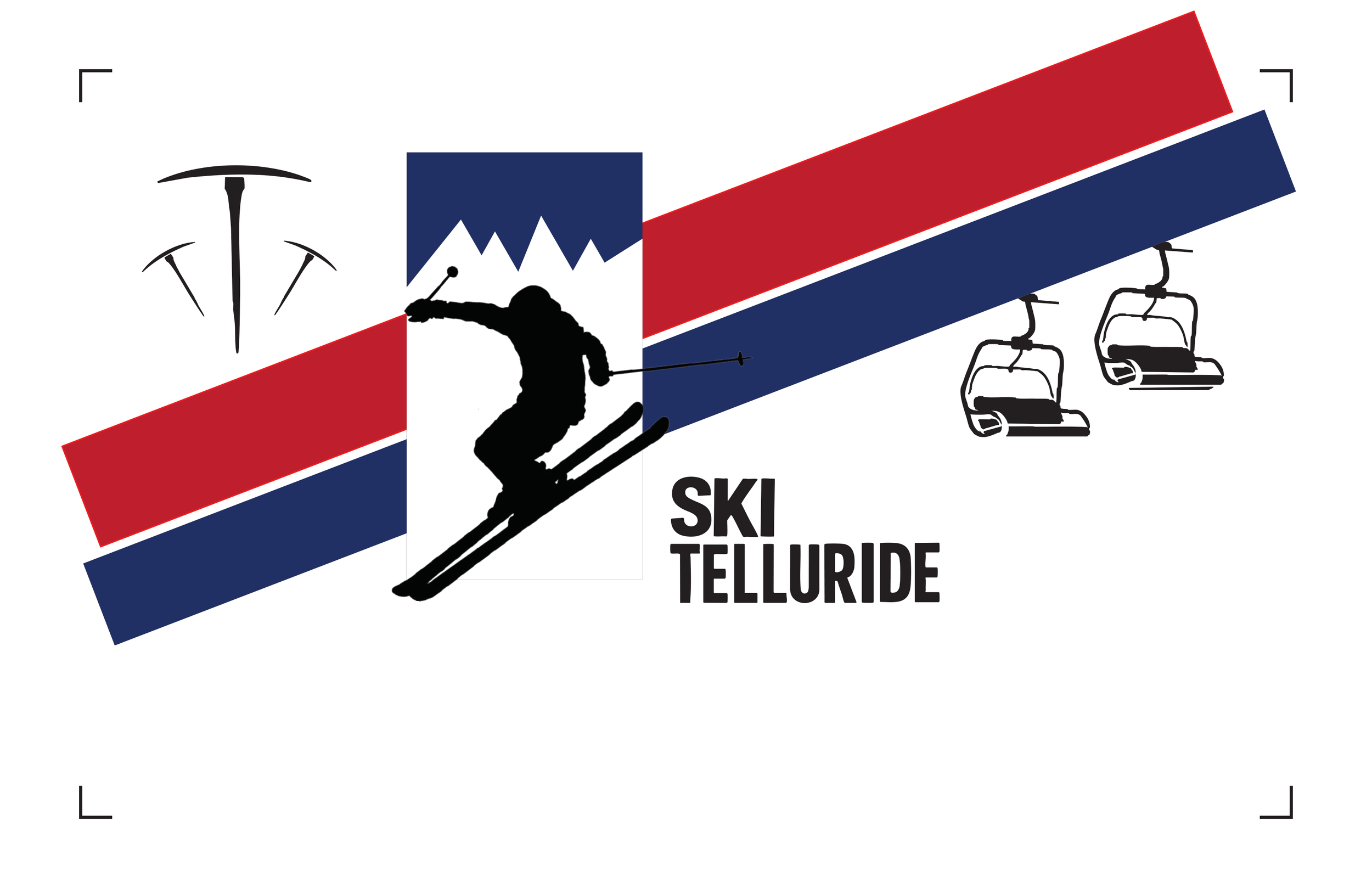 Graphic logo for Ski Telluride featuring a silhouette of a skier jumping, ski lift chairs, and stylized red, white, and blue stripes.