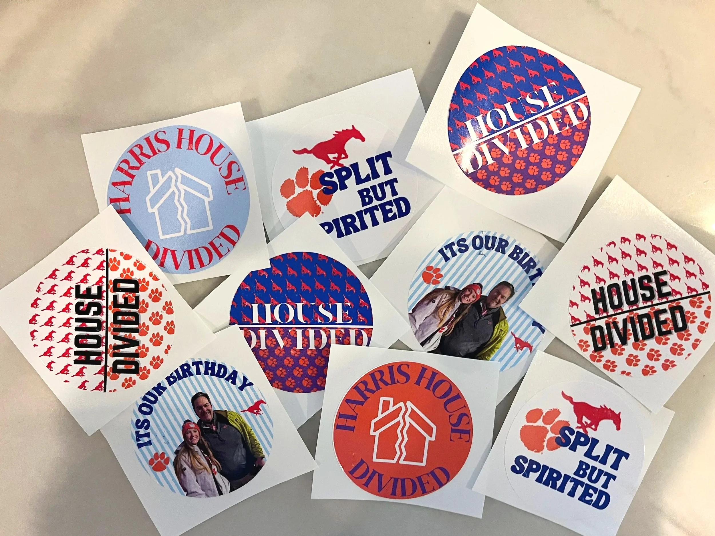 Collection of stickers celebrating alumni's wedding and birthday, with phrases such as 'HOUSE DIVIDED,' 'SPLIT BUT SPIRITED,' and 'IT'S OUR BIRTHDAY,' featuring images of a house logo, couple in a photo, and Clemson Tigers paw print.