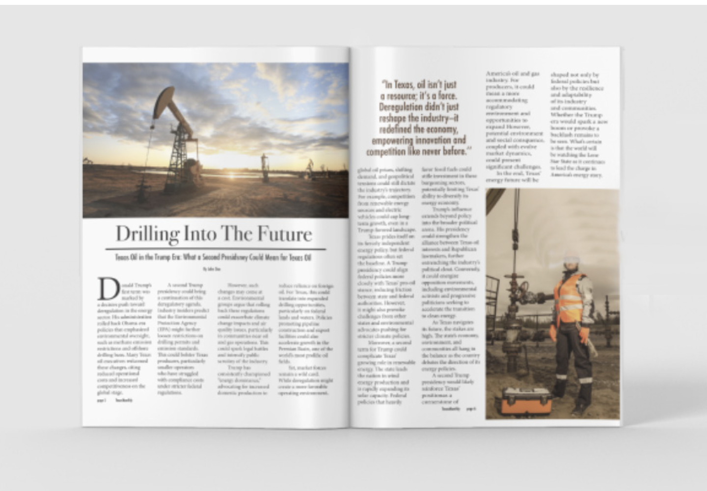 Open magazine with articles about oil drilling in Texas, featuring a large photograph of oil pumps at sunset and a smaller photo of a worker in safety gear at an oil site.