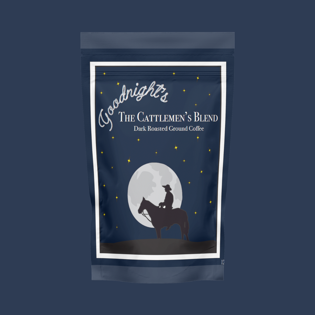 Package of Goodnight's The Cattlemen's Blend dark roasted ground coffee with a night scene showing a horse rider silhouette against a large full moon and stars.