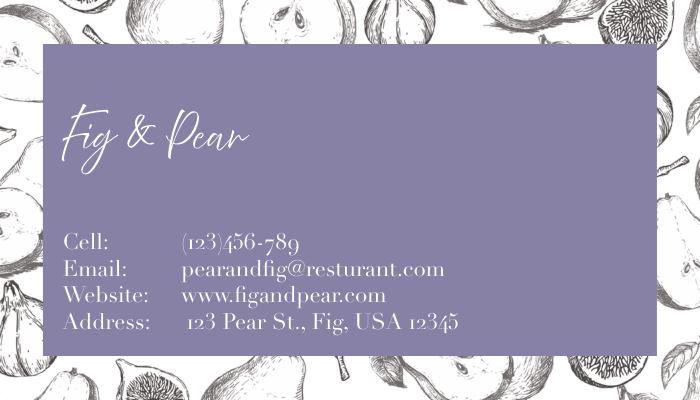 Business card with a purple background and white handwritten-style text that reads "Fig & Pear". Contact details include a phone number, email, website, and address. The background features a pattern of sketched figs and pears.