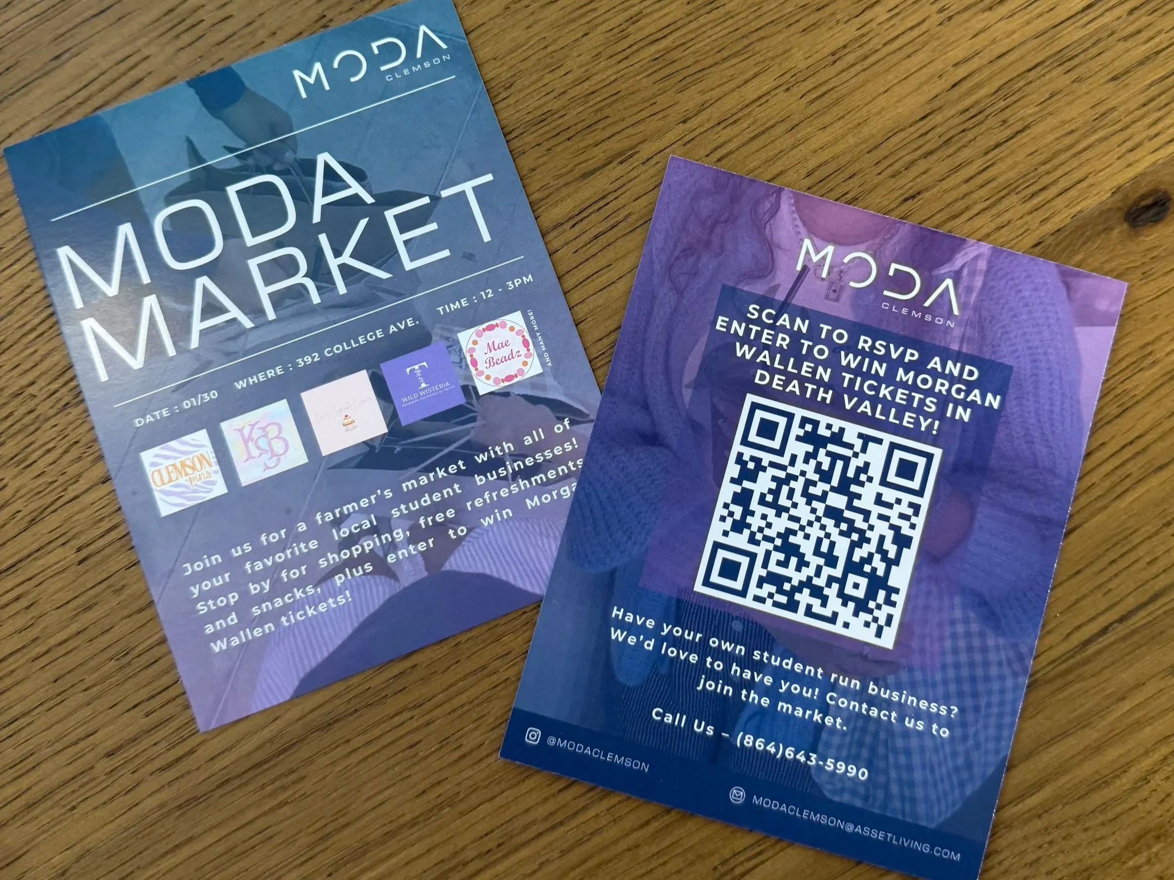 Flyers for a farmer's market and a student run business raffle, featuring a QR code, event details, and social media information.