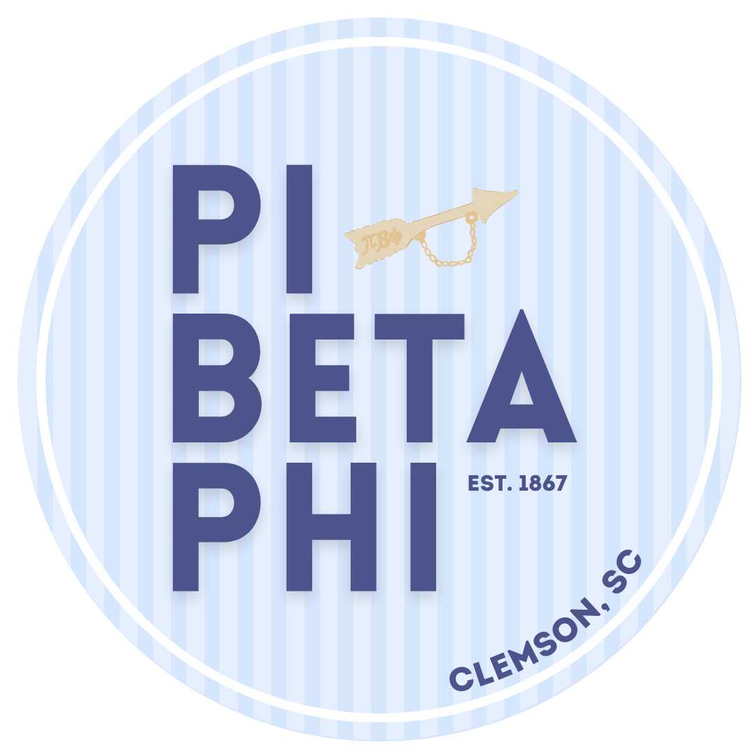 Circular badge for Pi Beta Phi sorority, established in 1867, featuring a blue background with vertical stripes, the sorority's name in bold blue letters, the Greek letter Pi in gold as a key symbol, and the location Clemson, SC.