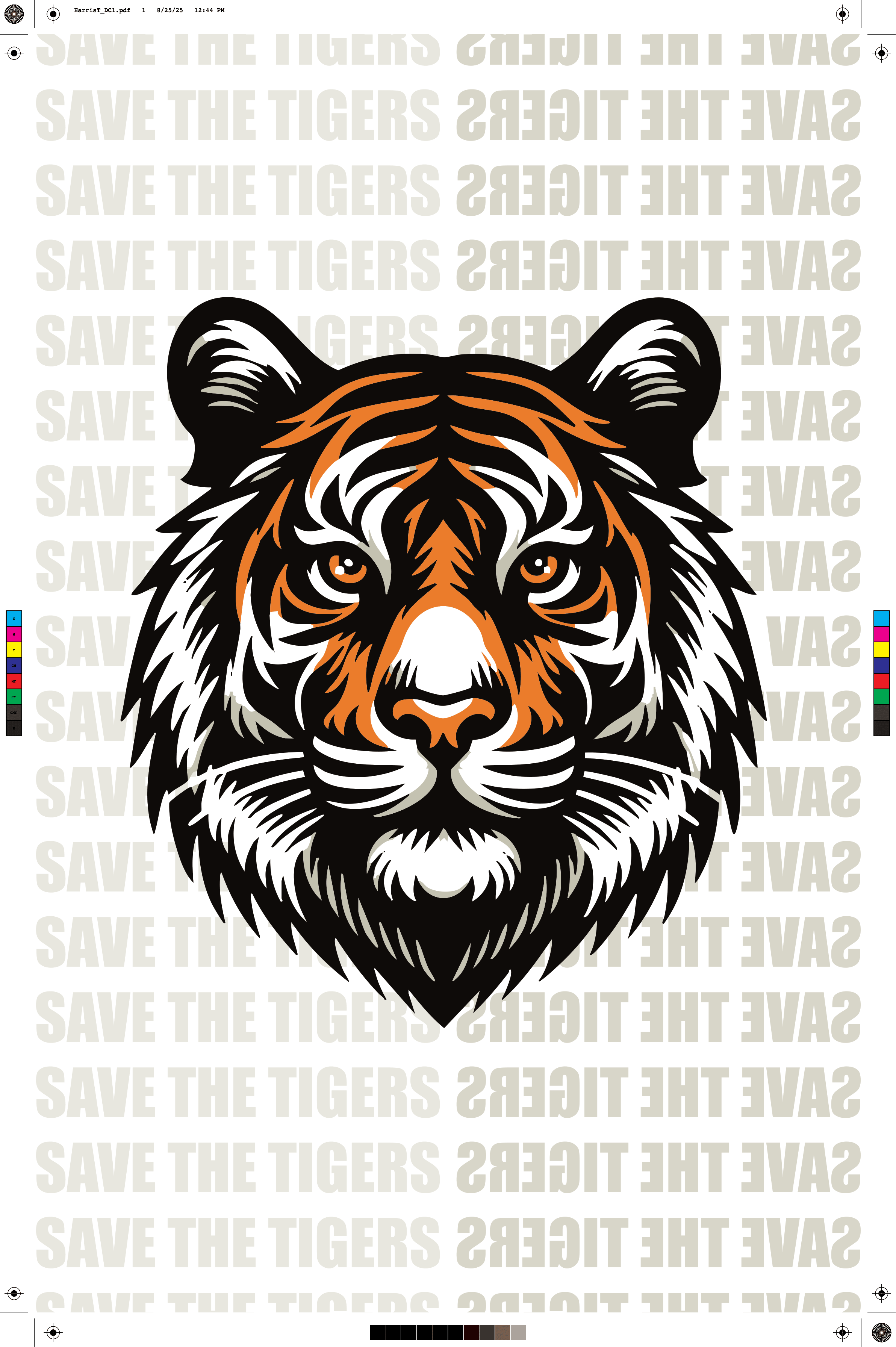 Graphic illustration of a tiger's face with black, white, and orange fur, set against a background with repeated message "SAVE THE TIGERS."