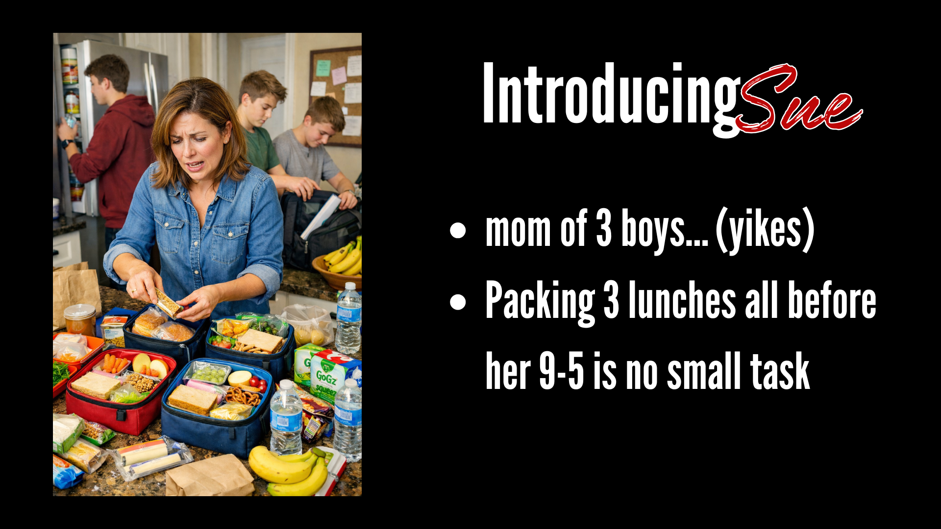 A woman packing lunchboxes on a kitchen countertop with three boys in the background, preparing meals for school.