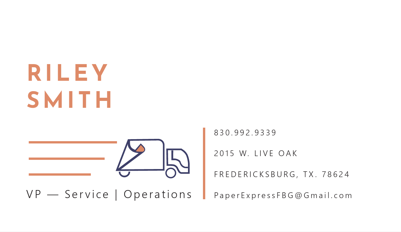 Business card for Riley Smith with contact details, address, phone number, email, and a logo of a moving box on a delivery truck.