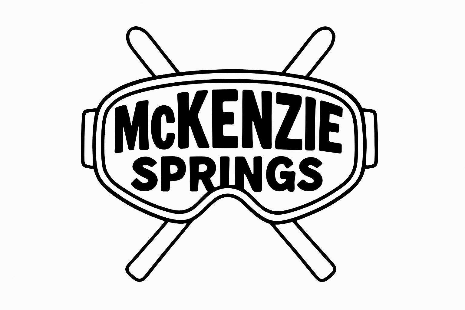 A black and white line drawing of ski goggles with the words 'McKenzie Springs' written on the lens.