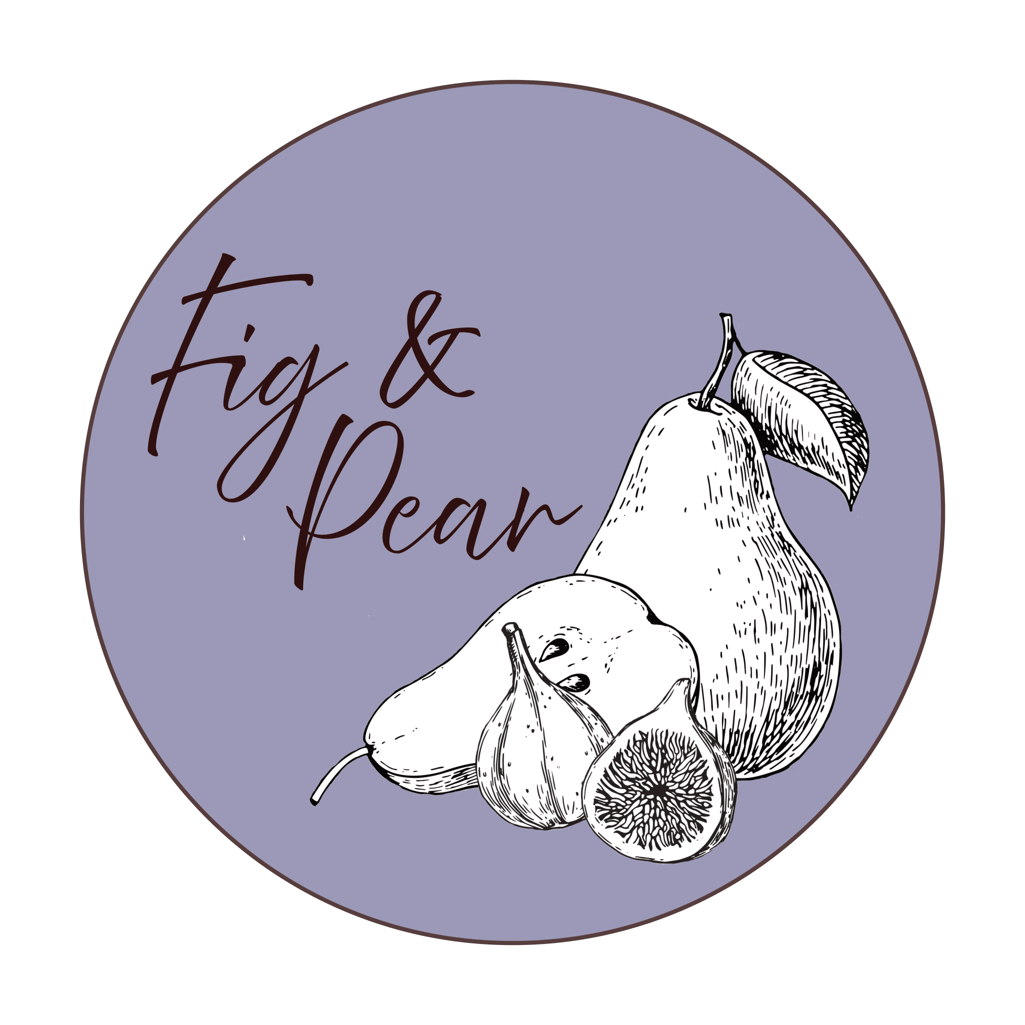 Logo with illustrations of a fig and a pear on a purple circular background with the text "fig & pear" in cursive.