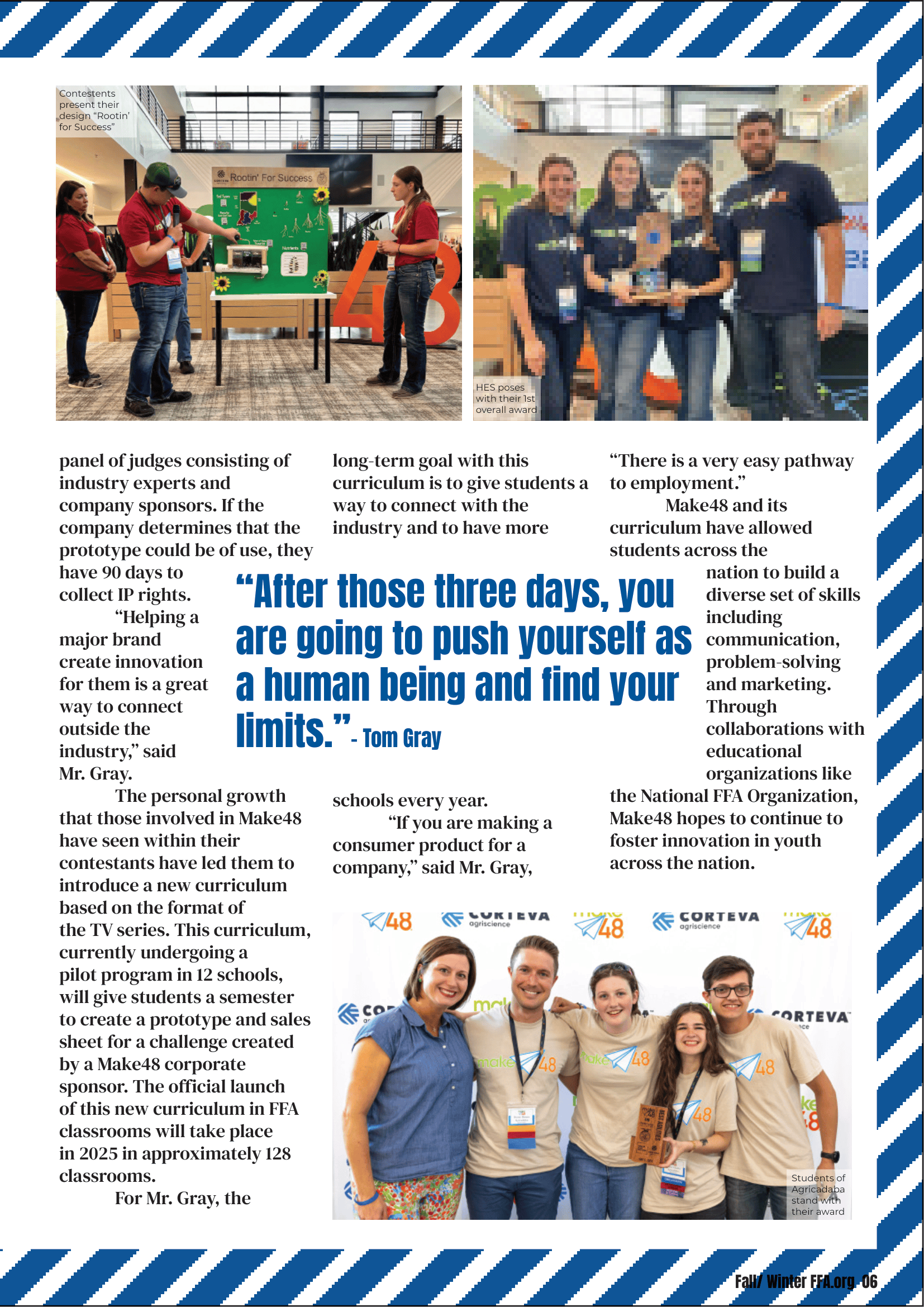 Photographs of students presenting projects and receiving awards at a Make48 event, with a quote from Tom Gray about pushing human limits, alongside text discussing the program and curriculum.