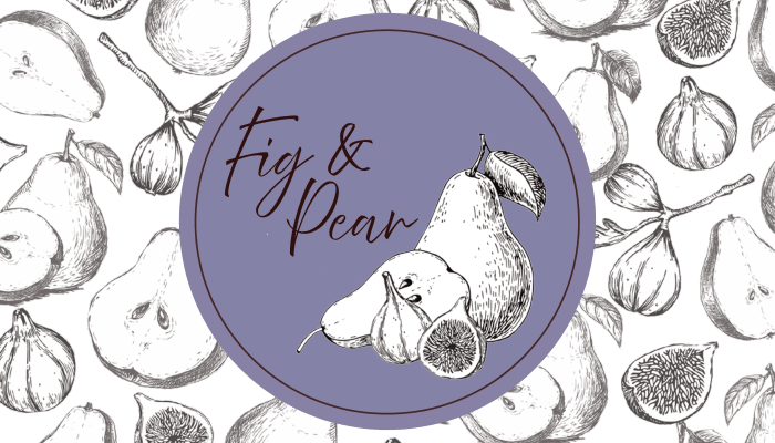 Illustration of a fig and a pear inside a purple circle with the words 'Fig & Pear' written on it, over a background of black-and-white sketches of figs and pears.