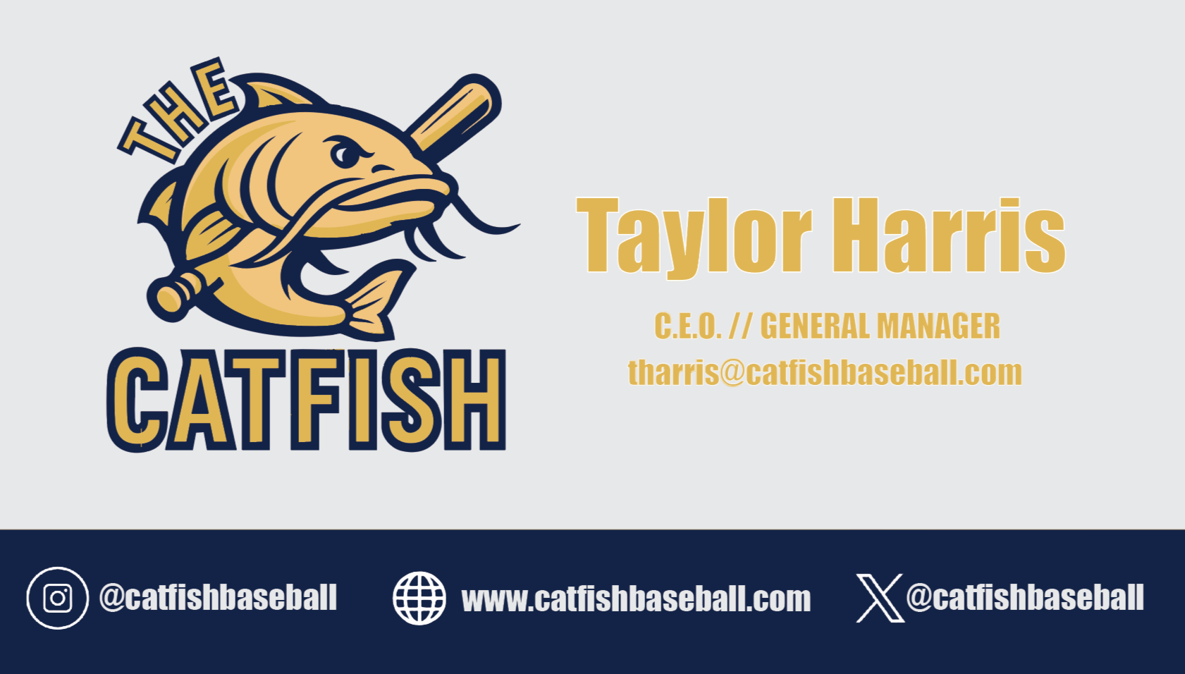 Business card for Taylor Harris, CEO and general manager of the Catfish baseball team. Features a logo of a catfish with a baseball bat and fishhook in its mouth, with text displaying the contact info and social media handles.