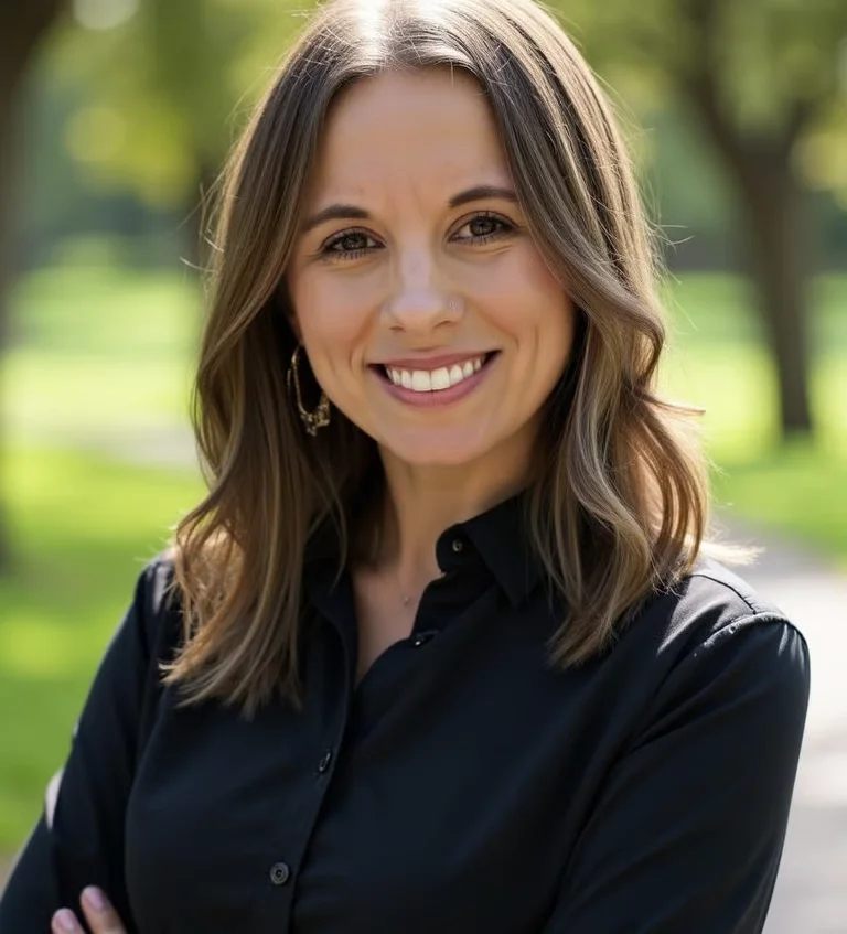 A smiling woman with shoulder-length brown hair, wearing a black button-up shirt, standing outdoors on a sunny day with green trees and grass in the background.