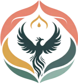 A stylized, colorful illustration of hands forming a heart shape above a phoenix with outstretched wings, surrounded by abstract shapes.
