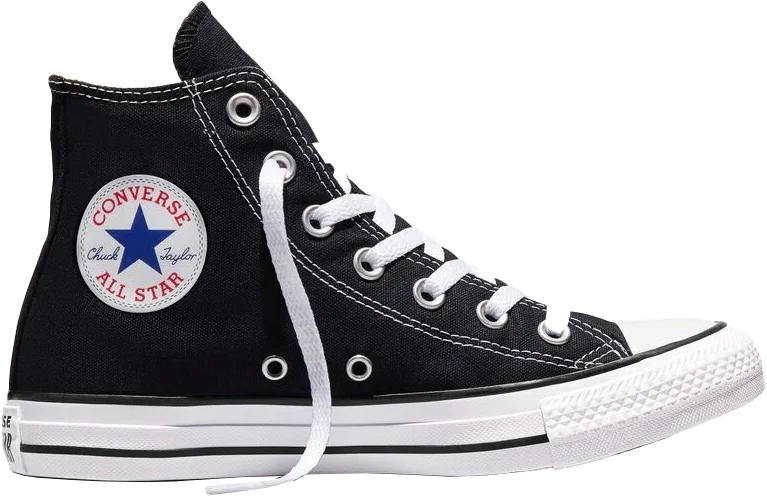 Black Converse Chuck Taylor All Star high-top sneaker with white sole and laces, and the Converse logo on the ankle.