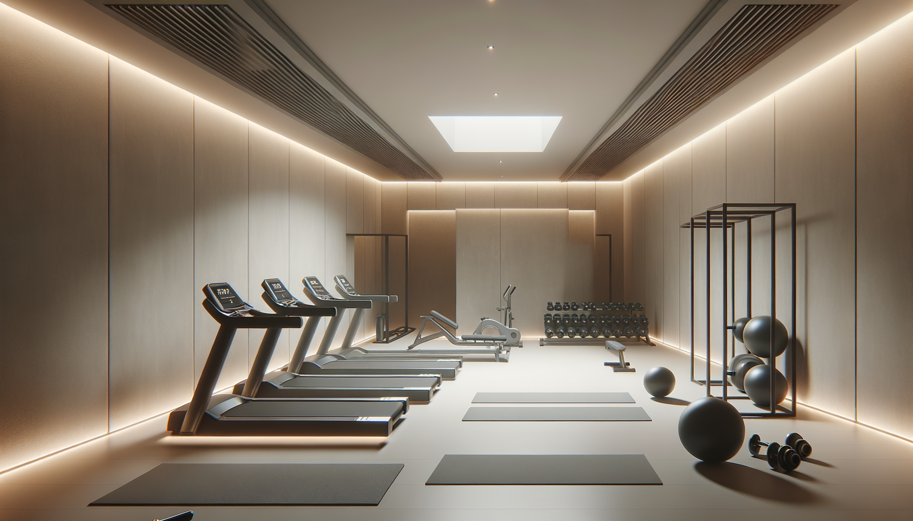 Empty modern gym with treadmills, exercise bike, black kettlebells, large black exercise ball, dumbbells, Olympic bars, yoga mats, and structure for suspension exercises, lit with recessed ceiling lights.