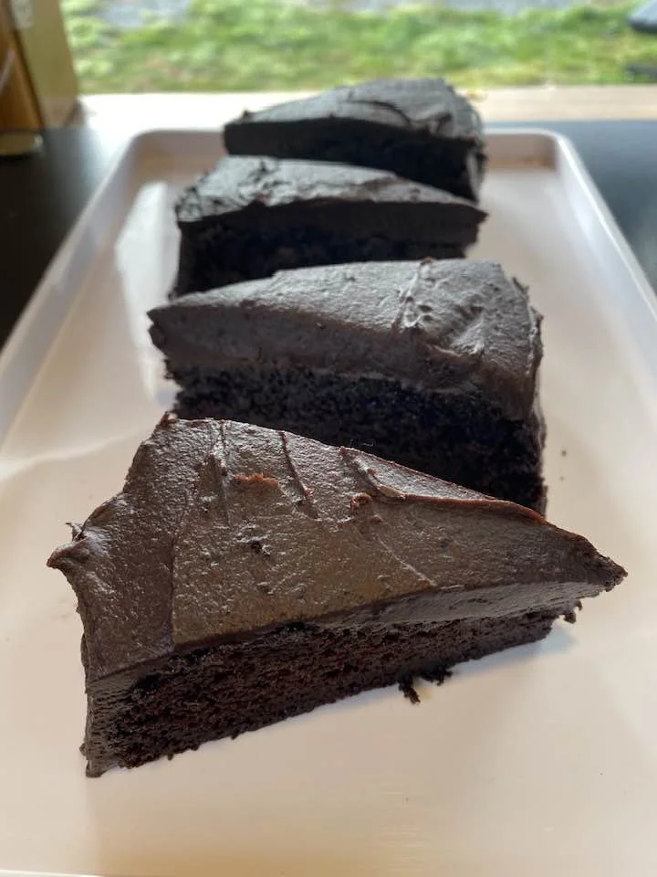Four slices of chocolate cake with chocolate frosting on a white tray, set on a dark surface with a blurred green background.