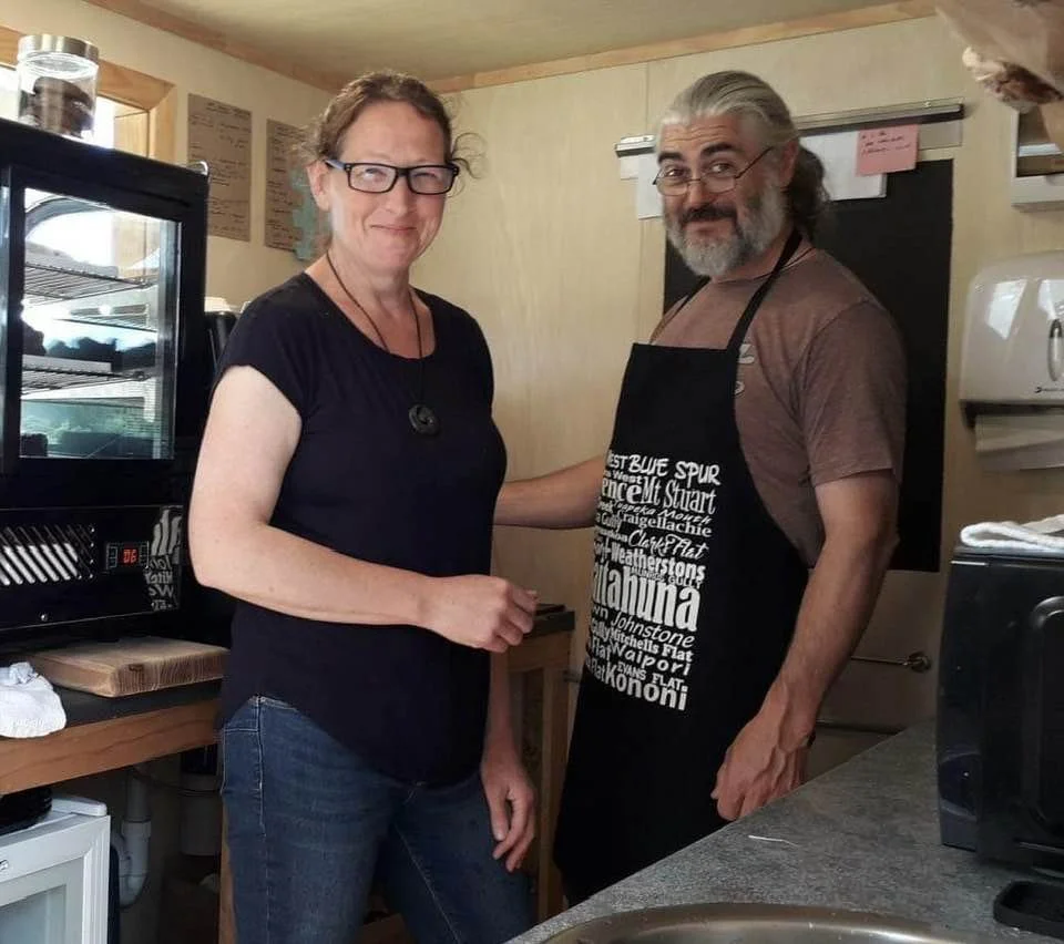 Ailsa and Bob in the Waitahuna Station coffee cart.