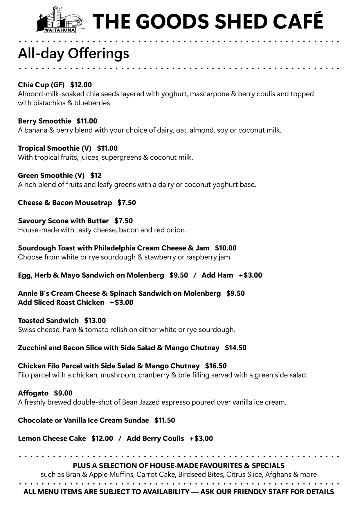Menu for The Goods Shed Café with various smoothies, sandwiches, desserts, and house-made specialties listed, including prices.