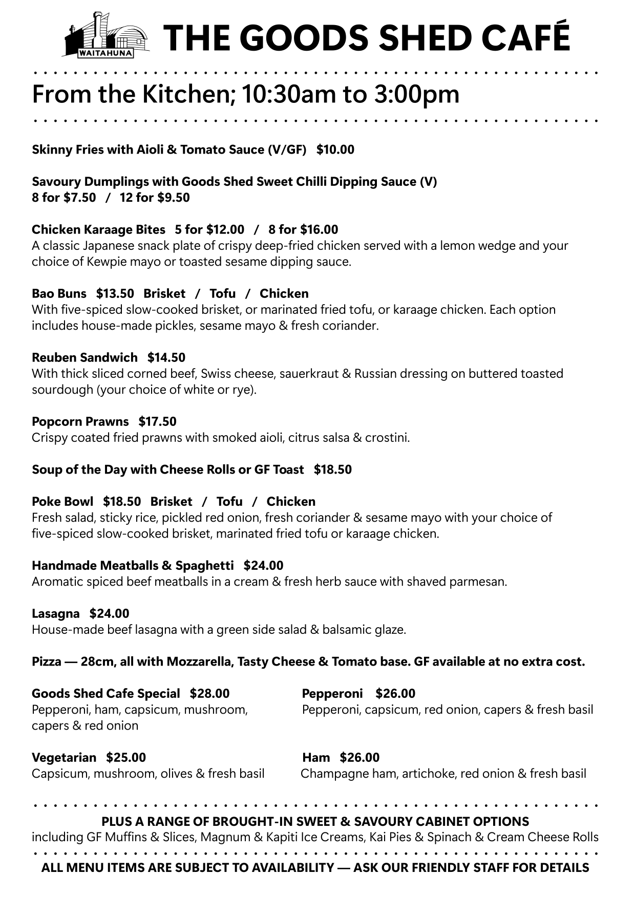 A printed menu for The Goods Shed Café featuring various food and drink options with prices, including snacks, sandwiches, salads, pizzas, and baked goods.