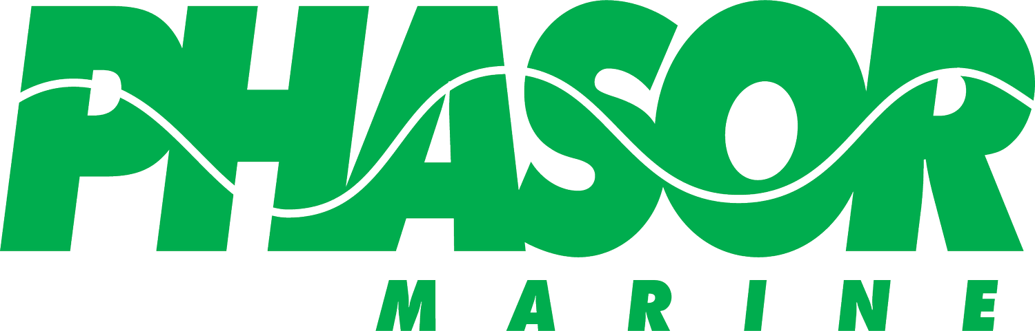 Green logo with the word 'PHASOR' in large bold letters, a black wave-like line through the middle, and the word 'MARINE' below in smaller green letters.