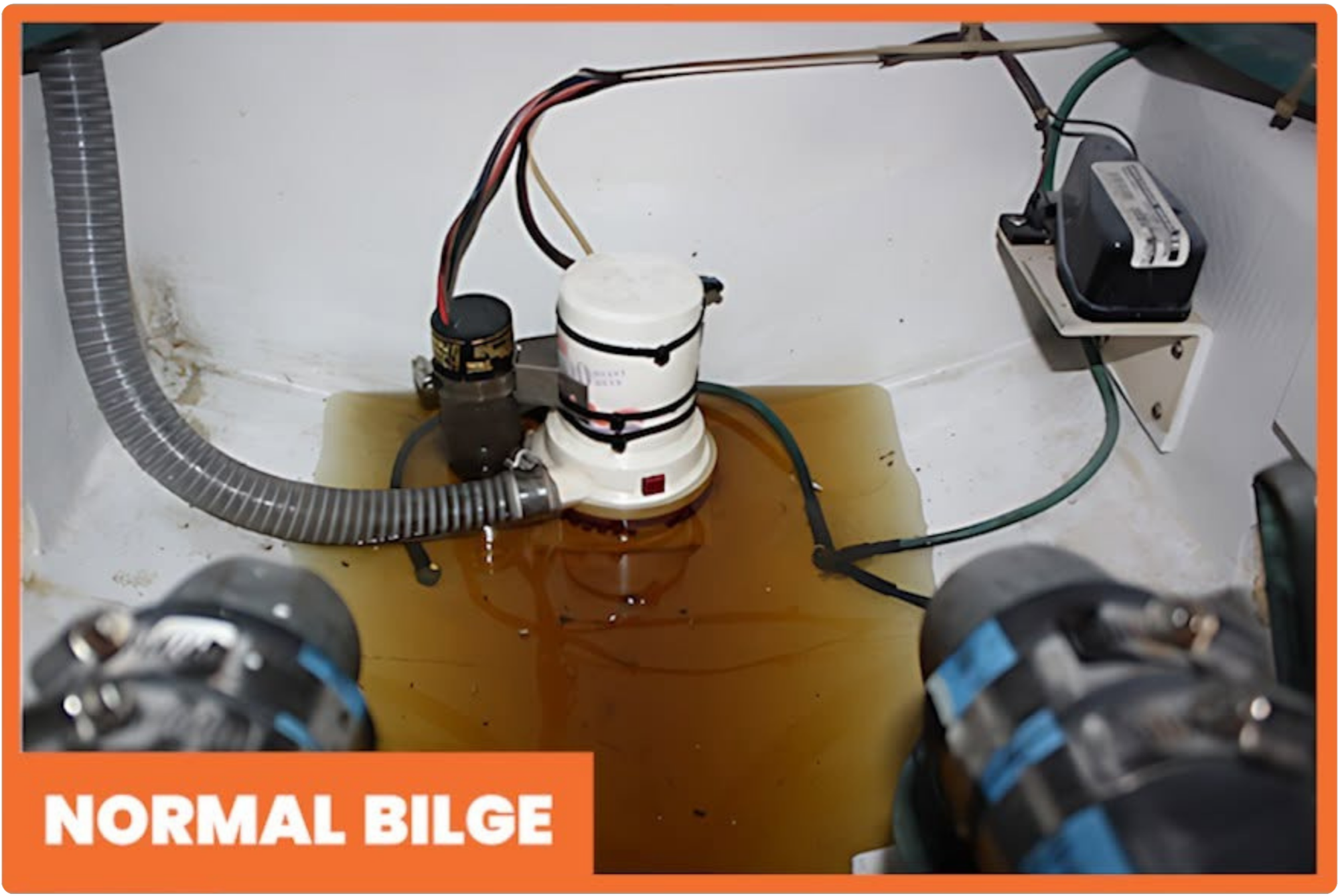 Underwater view of a submarine's hull with various tubes, wires, and mechanical components inside the main hull visible, with an orange border and is labeled "NORMAL BILGE".
