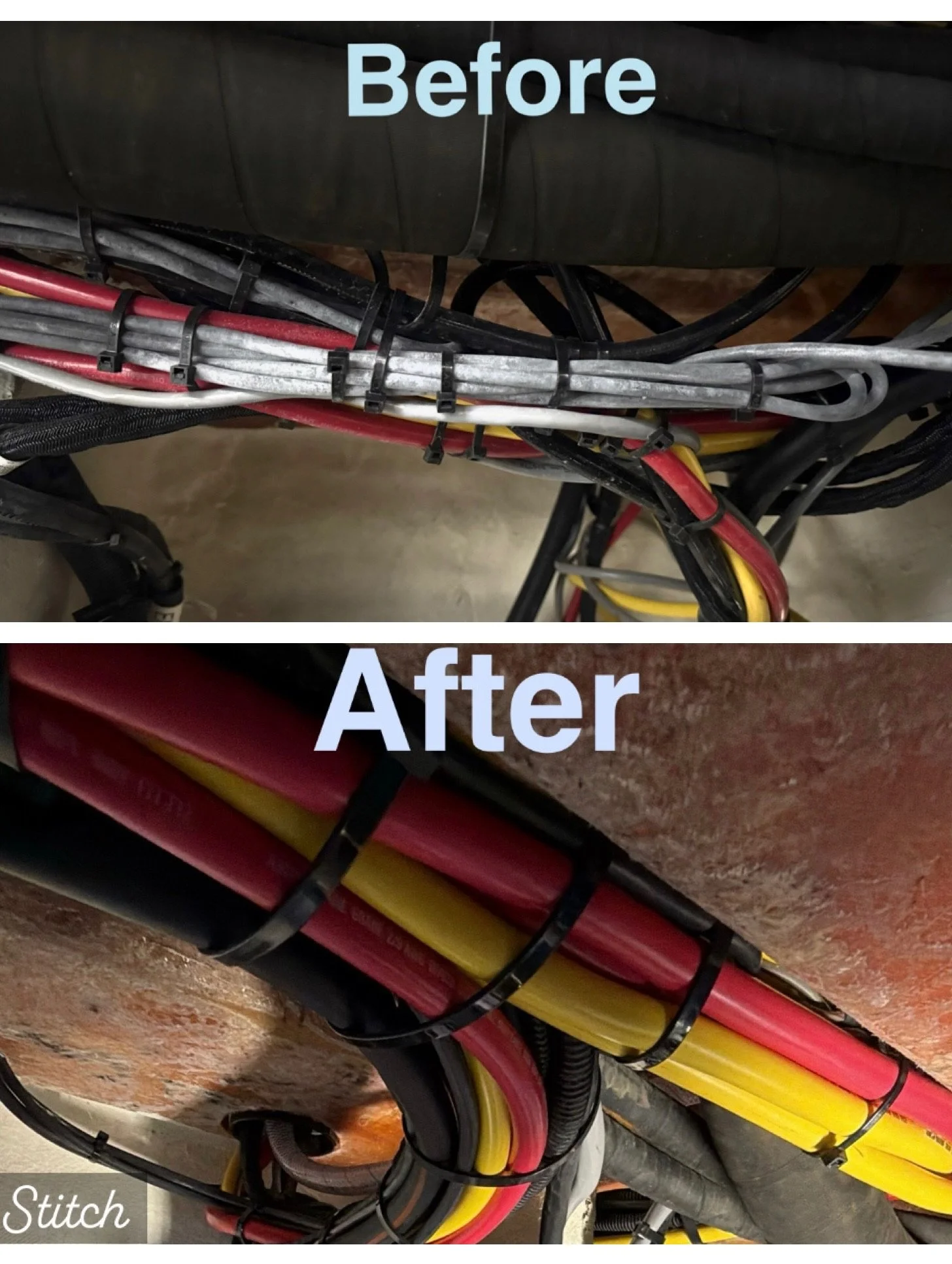 Close-up image showing electrical cables organized with cable ties, labeled 'Before' and 'After' to indicate a modification or improvement in cable management.