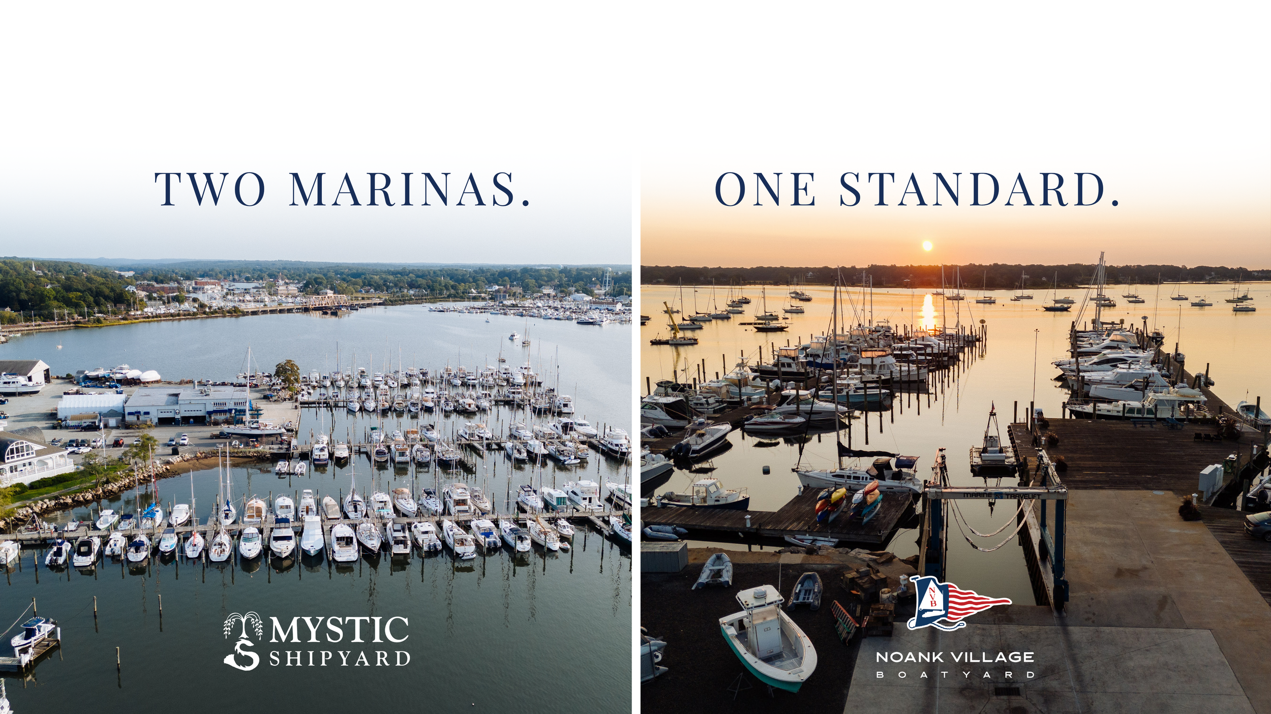 A split-screen image of two marinas. The left side shows Mystic Shipyard with numerous boats docked and a calm water body, under a clear sky. The right side depicts Noank Village Boat Yard at sunset, with boats docked and the sun low on the horizon, creating a warm glow.