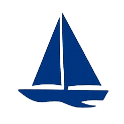 Silhouette of a sailboat with two sails, dark blue color