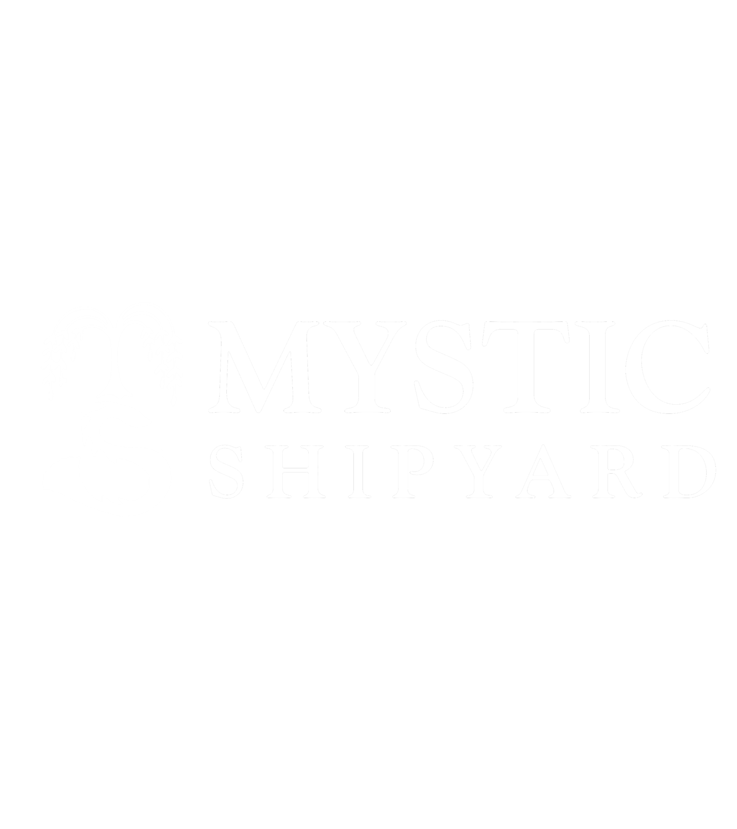 Black and white logo with the words 'Mystic Shipyard' and a stylized anchor with a tree illustration in the left part of the logo.