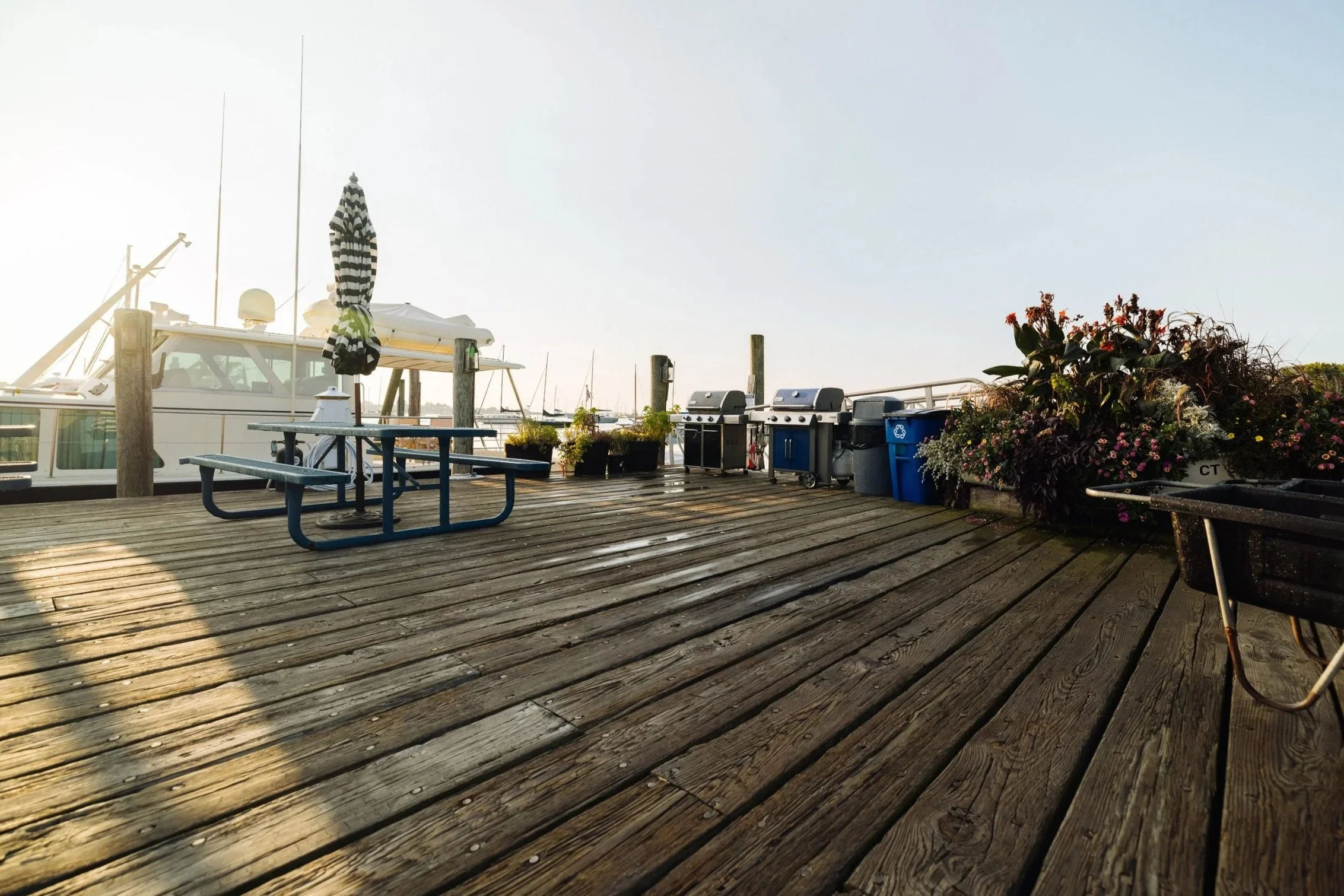 A wooden dock with a picnic table, potted plants, a grill, and large flower pot, with boats docked in a marina and clear sky in the background.