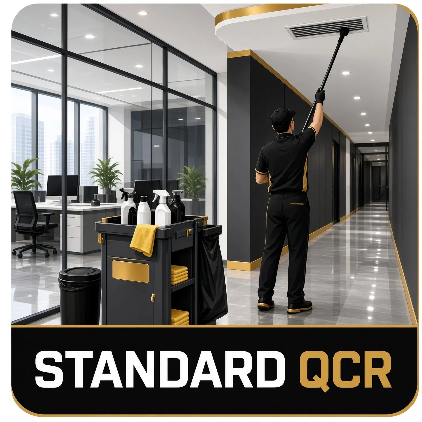 Cleaning staff member using a long-handled tool to clean the ceiling in a modern office building corridor with a glass-walled office space on the left. The corridor has polished floors and black walls with gold accents, and a cart with cleaning supplies is in the foreground. The text "STANDARD QCR" is at the bottom of the image.
