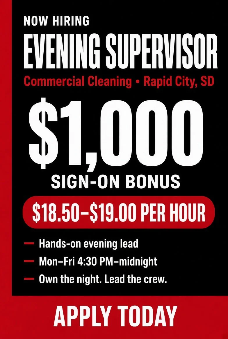 Job advertisement for an evening supervisor position in rapid city, SD, offering a $1,000 sign-on bonus and hourly pay of $18.50 to $19.00, with details about hours and responsibilities.