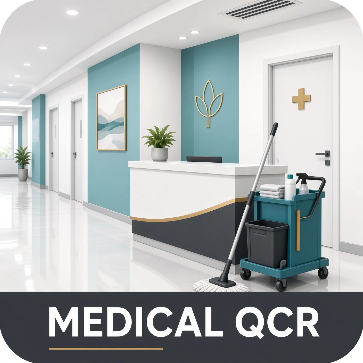 Clean and modern hospital reception area with a white counter, teal and white walls, decorative artwork, indoor plants, and a cleaning cart with supplies.