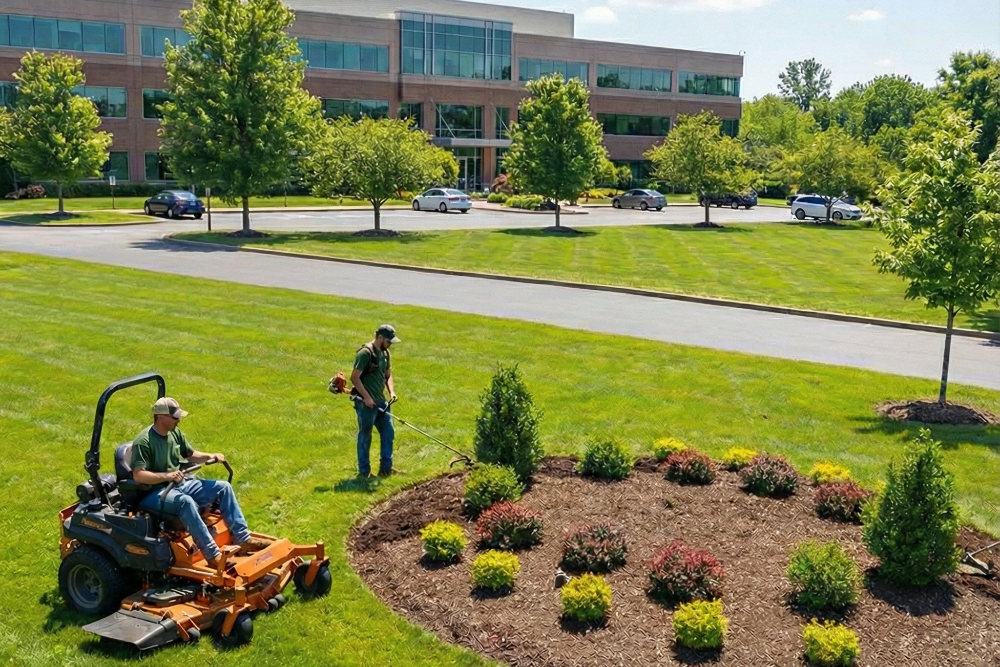 Two people working on landscaping in a grassy area with a small garden, one on a riding lawn mower and the other using a weed trimmer, with a large office building and parked cars in the background.
