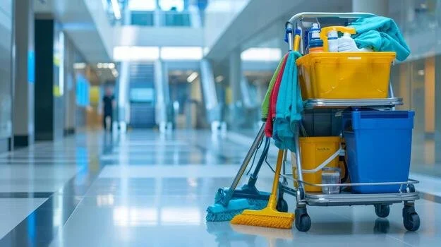Cleaning cart with supplies in an airport terminal.