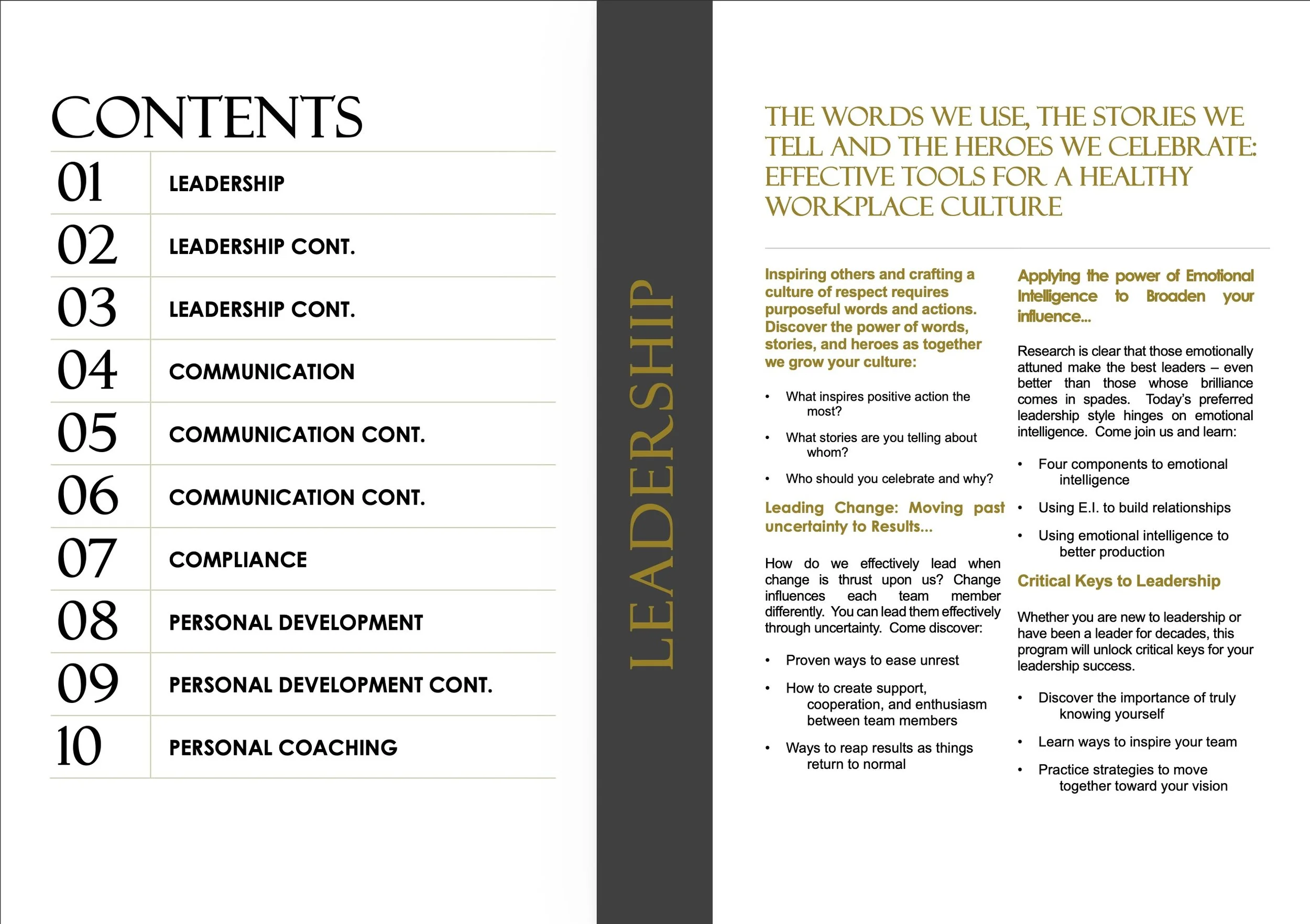 Table of contents page for a leadership development book or program, listing topics including leadership, communication, compliance, personal development, and coaching, with a chapter titled "Leadership" and the section "Leadership" in bold.