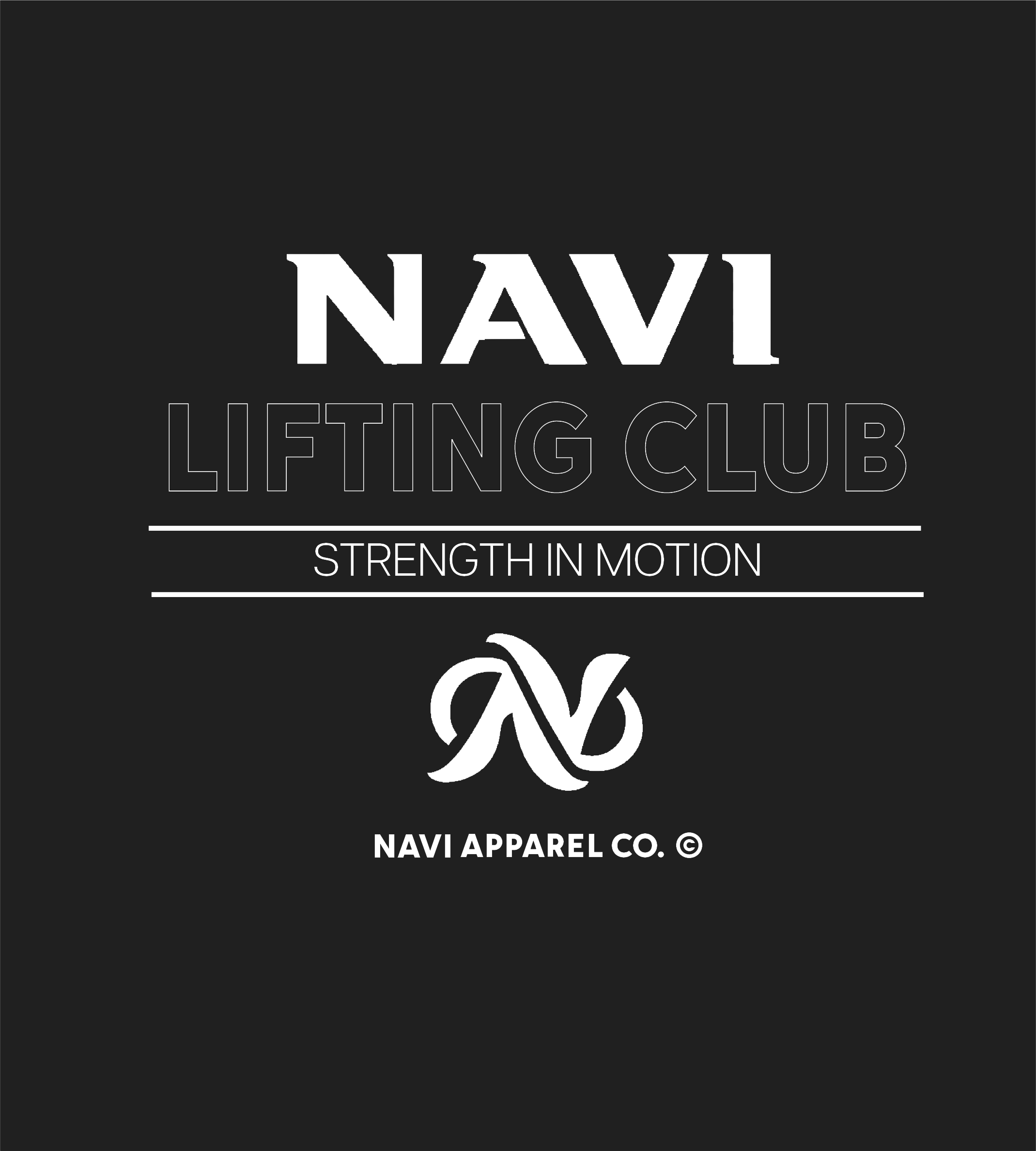 Logo of Navi Lifting Club by Navi Apparel Co., featuring text 'Strength in Motion' and a stylized 'N' in white on a black background.