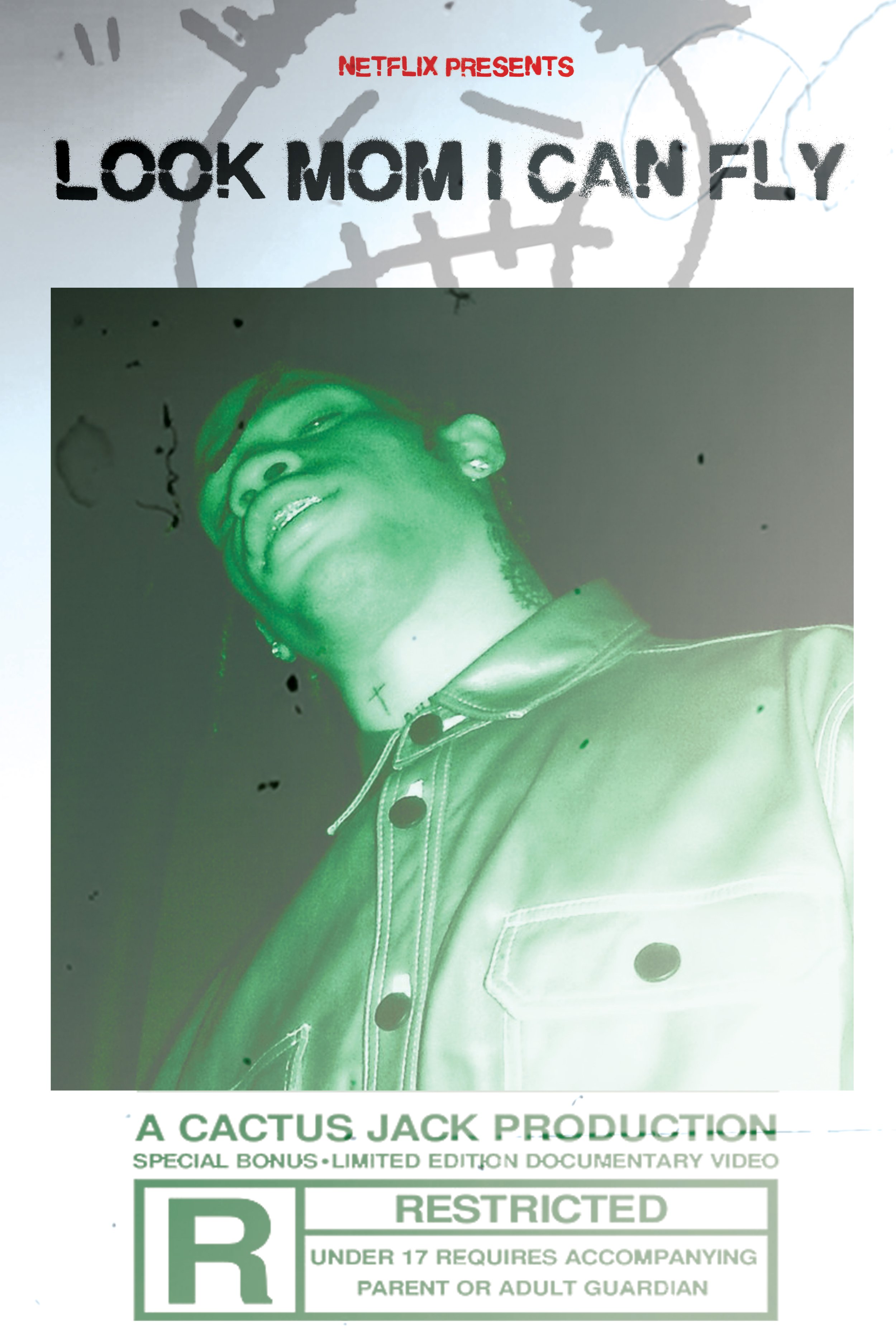 A stylized movie poster for a documentary titled 'Look Mom I Can Fly' presented by Netflix. The poster features a green-tinted photo of a young man with earrings, tattoos, and a leather jacket, smiling and looking upwards. The title is in bold black 