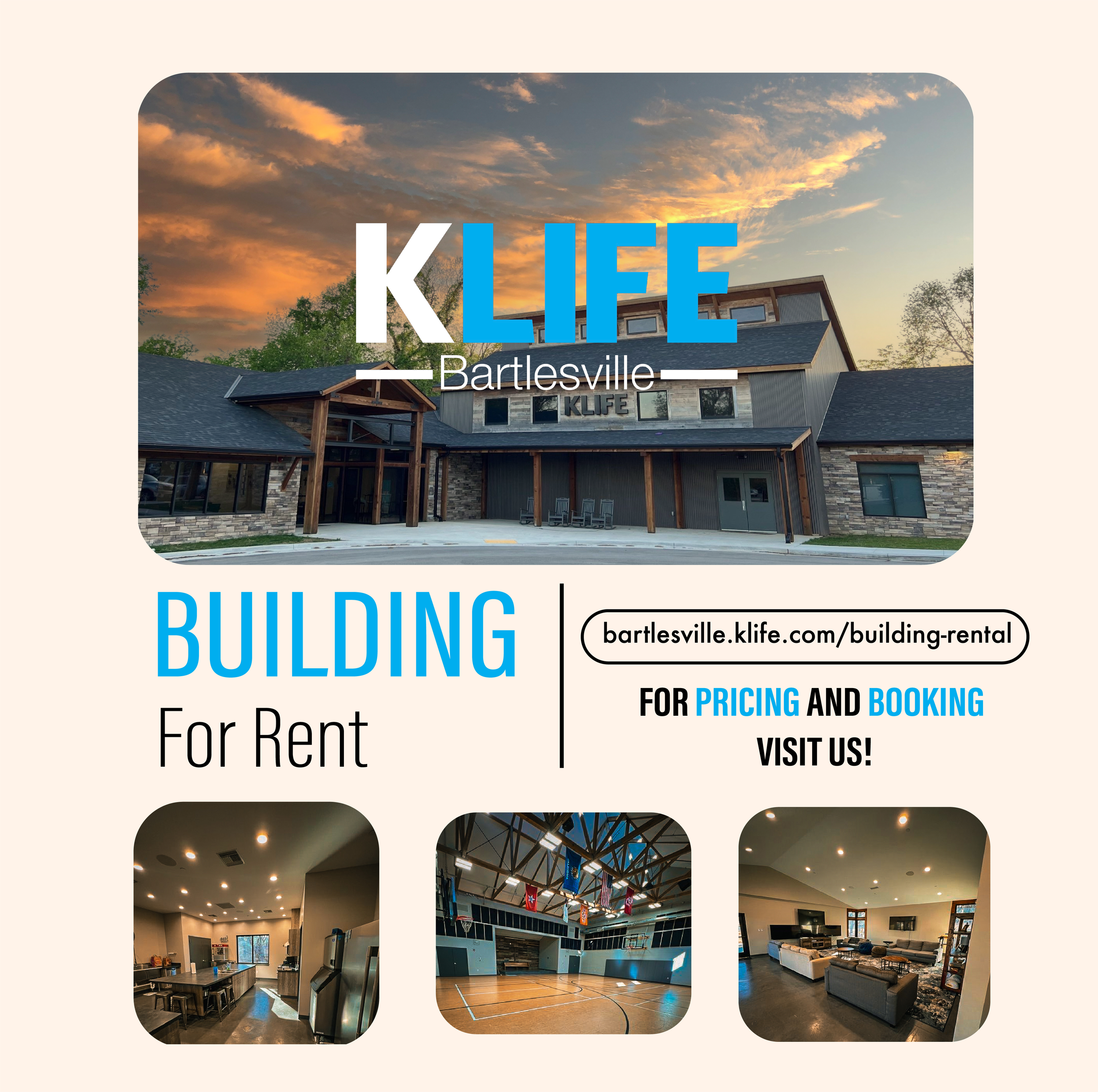 Flyer advertising a building for rent in Bartlesville, with images of the building exterior, interior, gymnasium, and living room, and a website URL for pricing and booking.
