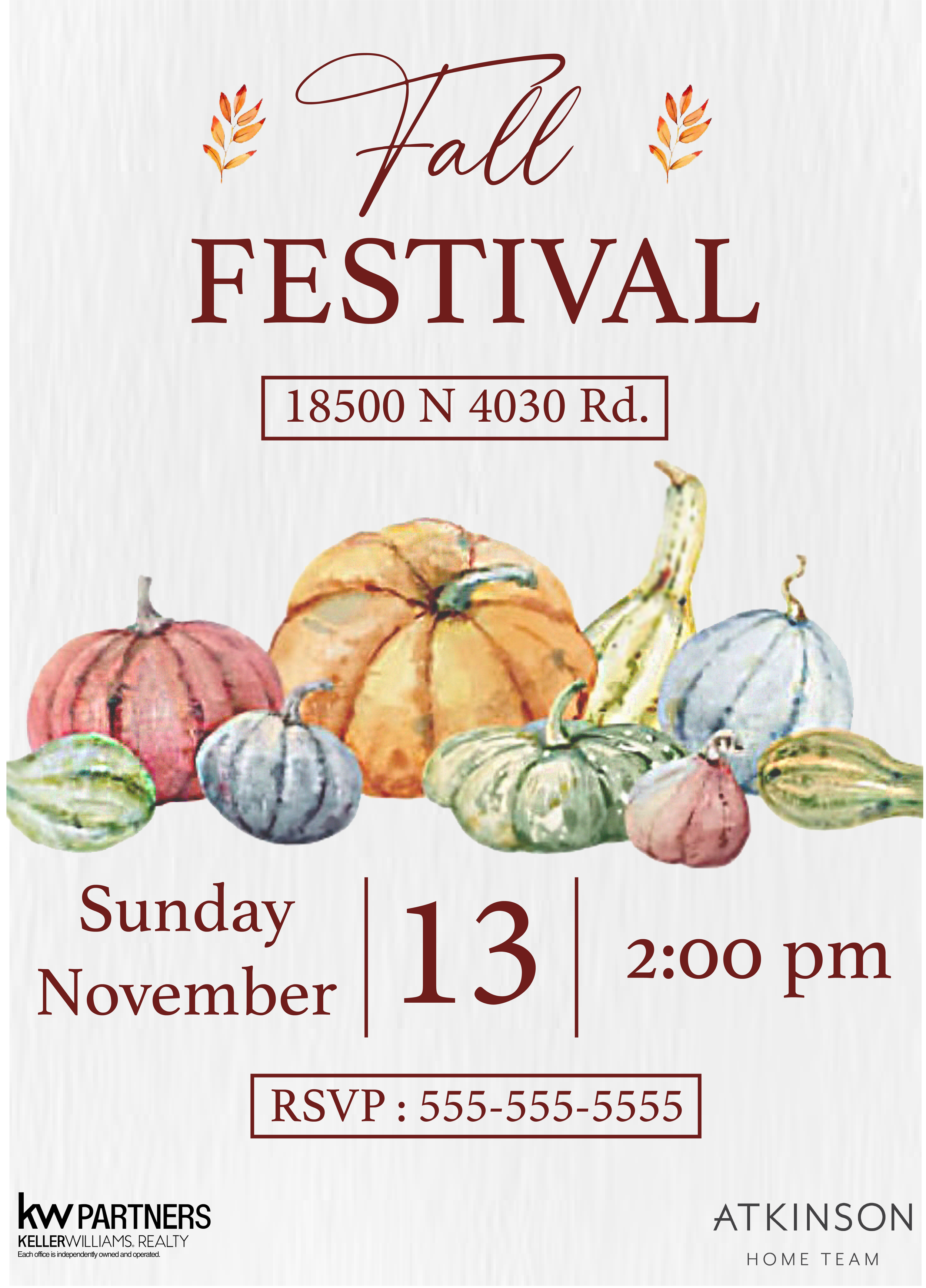 A fall festival invitation featuring watercolor pumpkins and gourds with event details, date, time, location, and RSVP information.