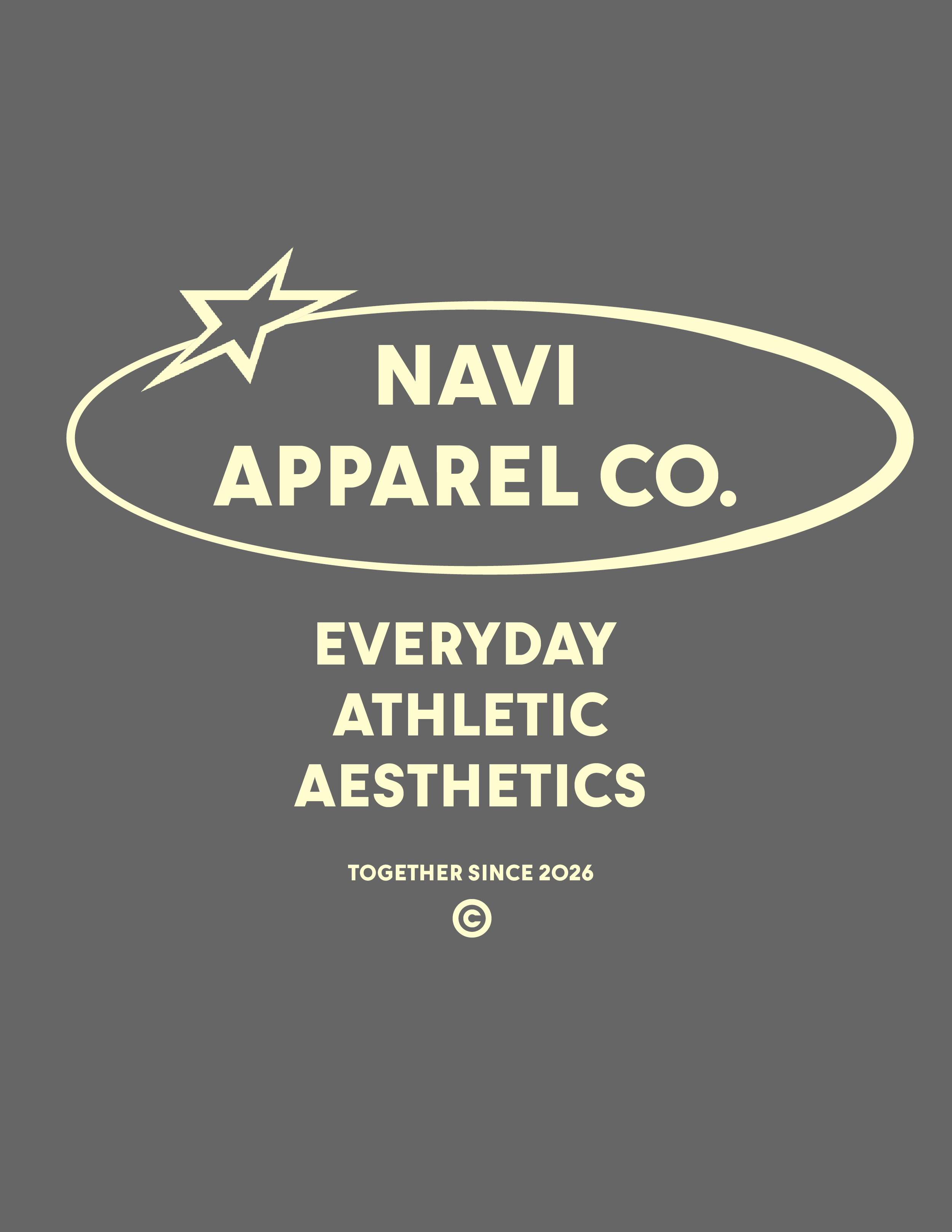 Logo of Navi Apparel Co. with text "Everyday Athletic Aesthetics" and "Together Since 2026" on a gray background.