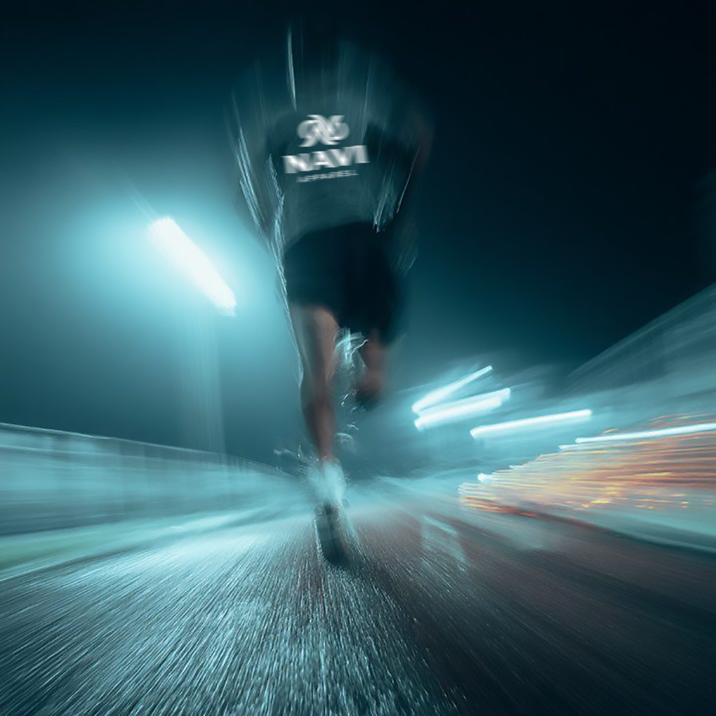 A person running at night on a wet road with blurred lights and motion effects.