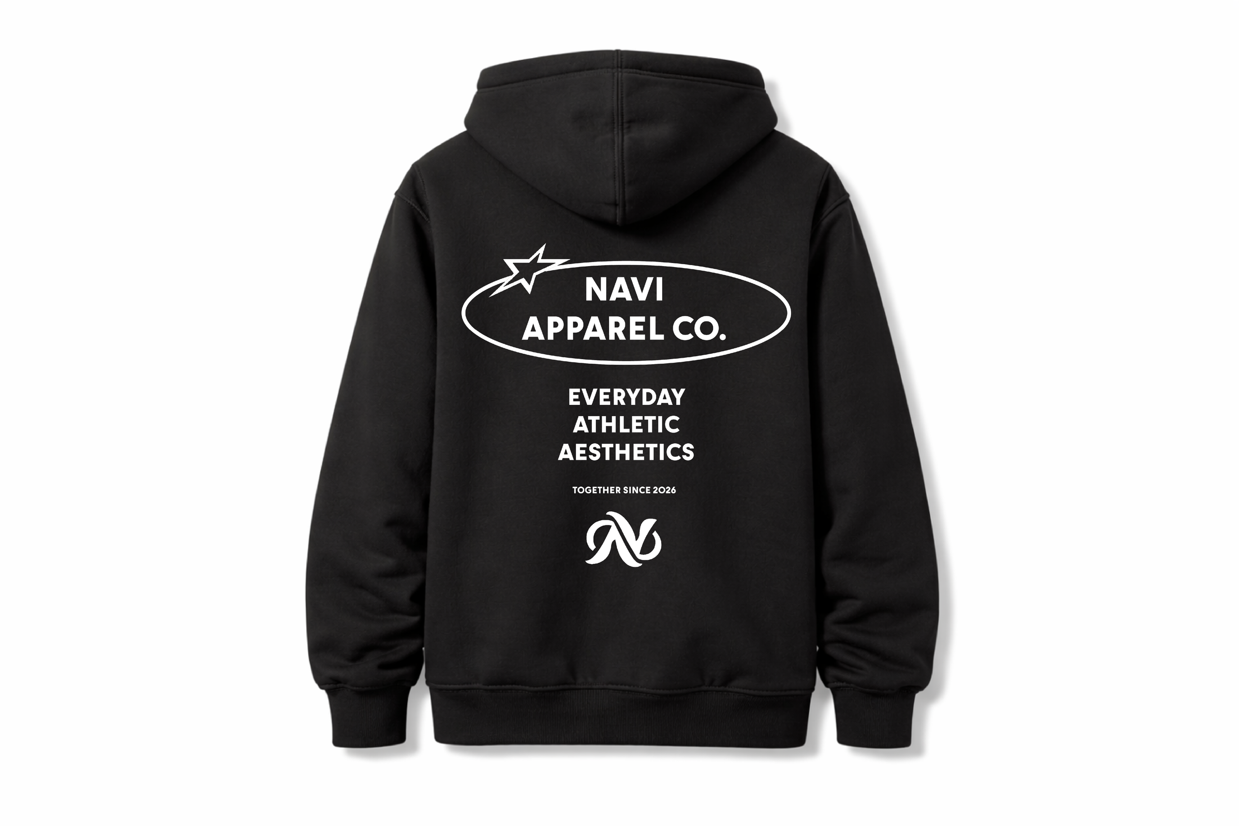 Black hoodie with white text and graphics on the back, including the brand 'NAVI APPAREL CO.', phrases 'EVERYDAY ATHLETIC AESTHETICS', and a logo.