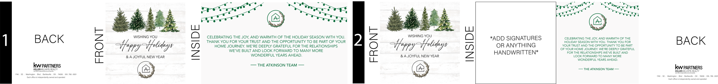 A holiday card with images of Christmas trees, festive string lights, and holiday messages in a mix of black and green text.