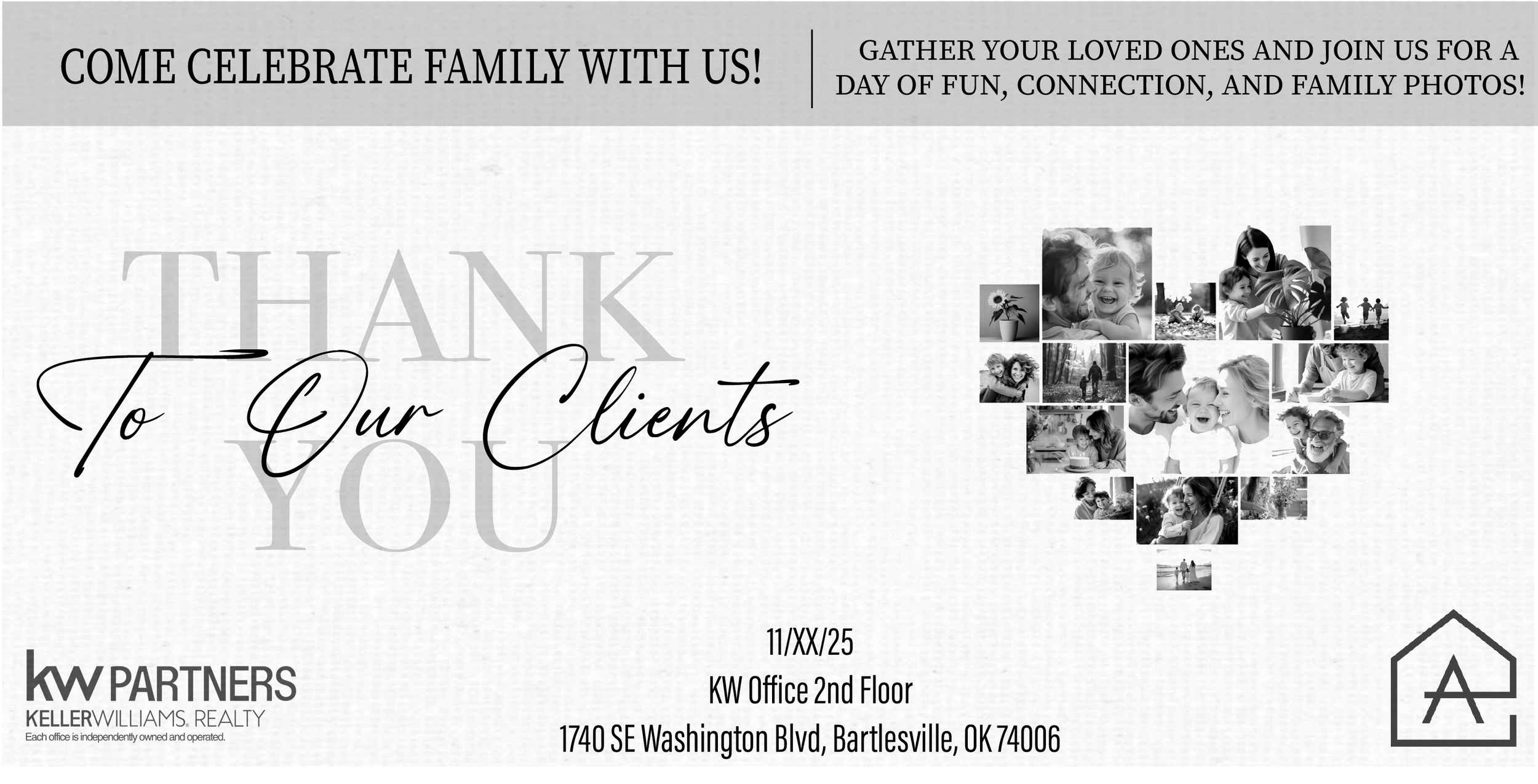 Event invitation with text inviting guests to celebrate family with photos and contact information for Keller Williams Realty in Bartlesville, Oklahoma.